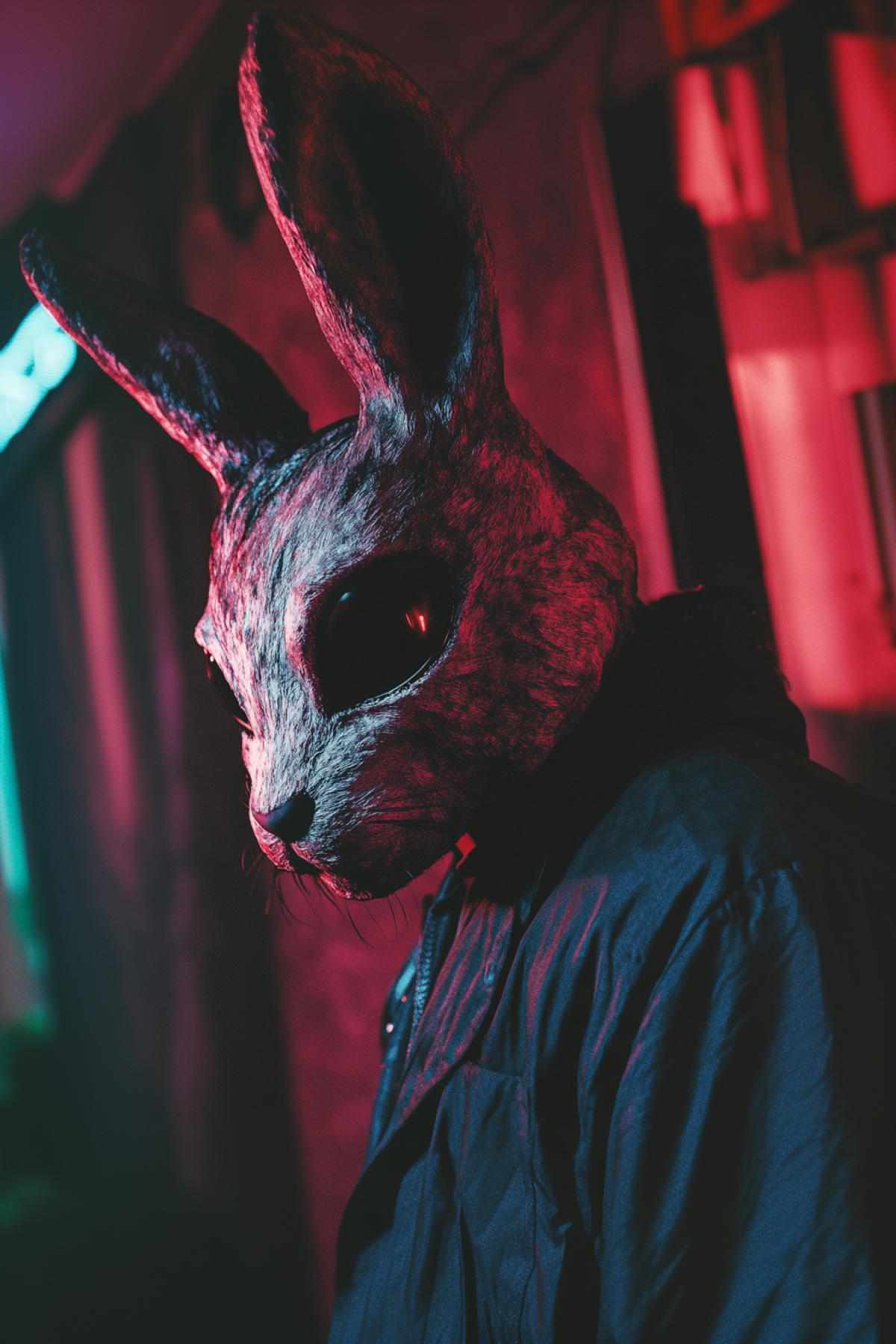 on a man there is an ominous mask of a rose rabbit with large dark eyes, flickering, realistic image, photoshop, Comic noir style, psychedelic, bright and rich colors