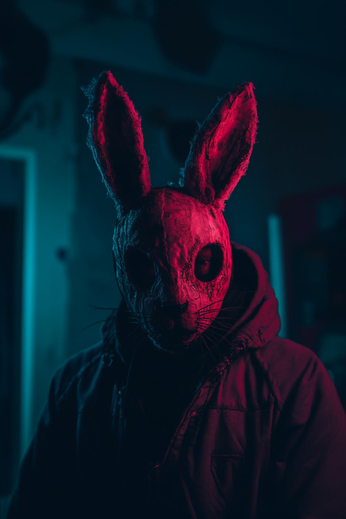 on a man there is an ominous mask of a rose rabbit with large dark eyes, flickering, realistic image, photoshop, Comic noir style, psychedelic, bright and rich colors