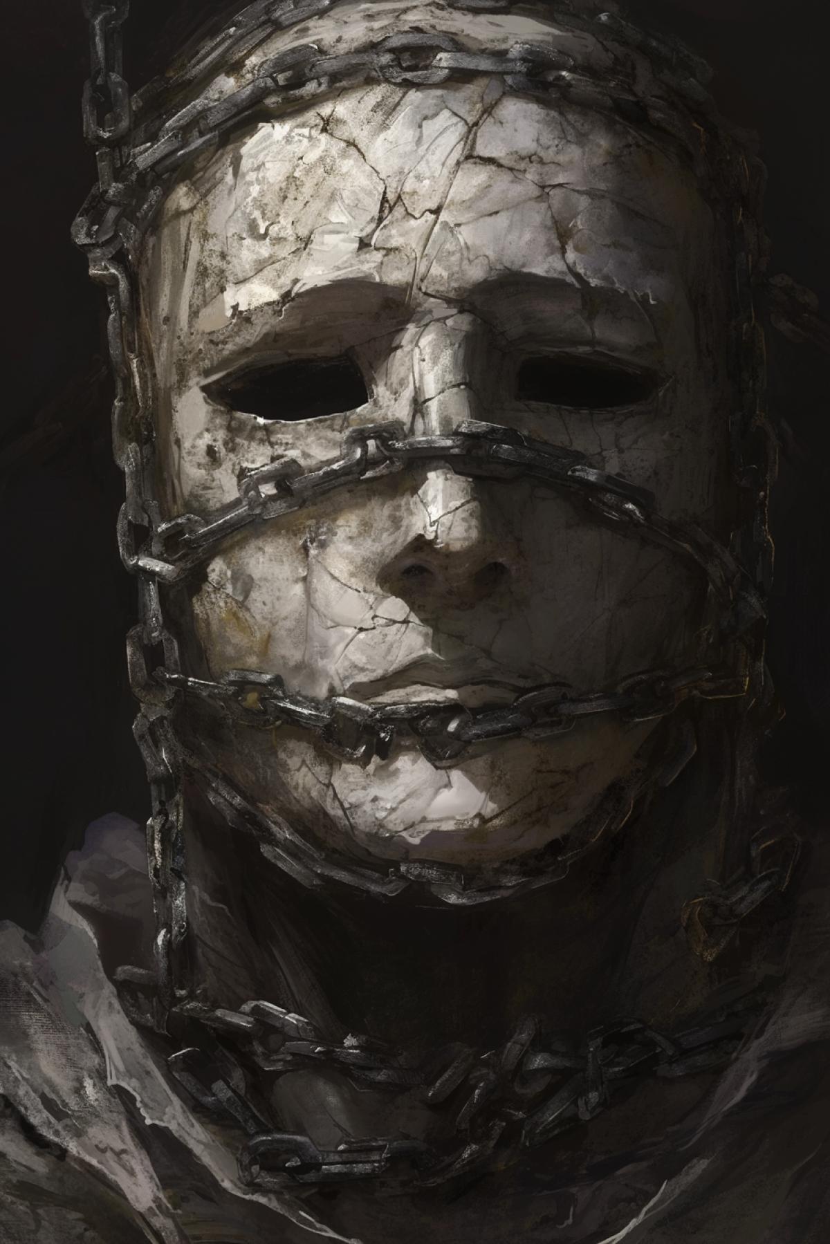 a man wrapped in chains is hanging in the air, the man is wearing a mask that is held on him by chains, white marble mask with human facial features, the mask has dark eyes where in the depths of the eyes shines a pale light, dark background, gray and dark , horror style, by Jakub Rozalski, close up, front view, high detail environment, high detail image contours, high quality
