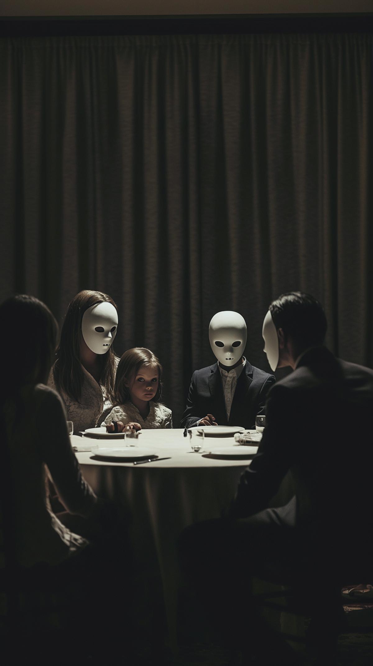 A family of 4, father, mother, son and daughter, gathered at the table, all of them are wearing smooth white masks, they are sitting in a circle and looking at each other, the father is wearing a formal jacket, dim light, oppressive atmosphere, terrible silence, poster style