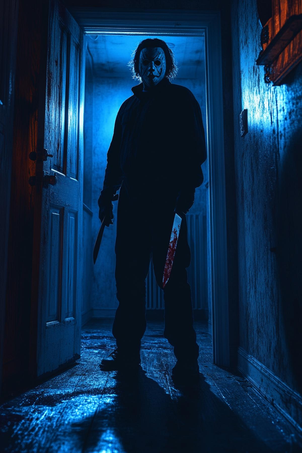 michael myers standing in doorway, darkness, michael myers in cherry syrup, dark room, background corridor of house, knife in his hand, knife stained in wedge syrup, horror style, dark blue and dark , horror style, by Stefan Koidl , close up, front view, high detail environment, high detail image contours, high quality