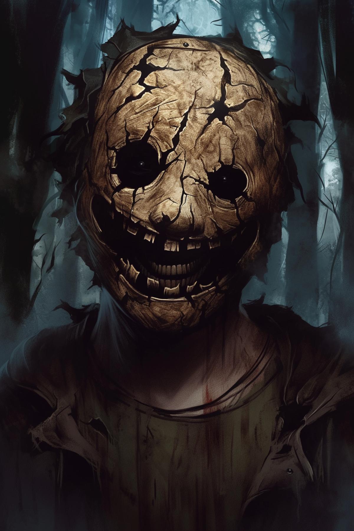 crazy man wearing a torn leather mask that resembles a human face, laughing , scary teeth, dark empty eyes, view from half side, head turned, smile and evil dark eyes visible, mask on the face torn , mask resembles a human face, the man from daubed with maroon wedge syrup, background dark ominous forest, horror style, creepy image , by Jakub Rozalski, close up, front view, high detail environment, high detail image contours, high quality