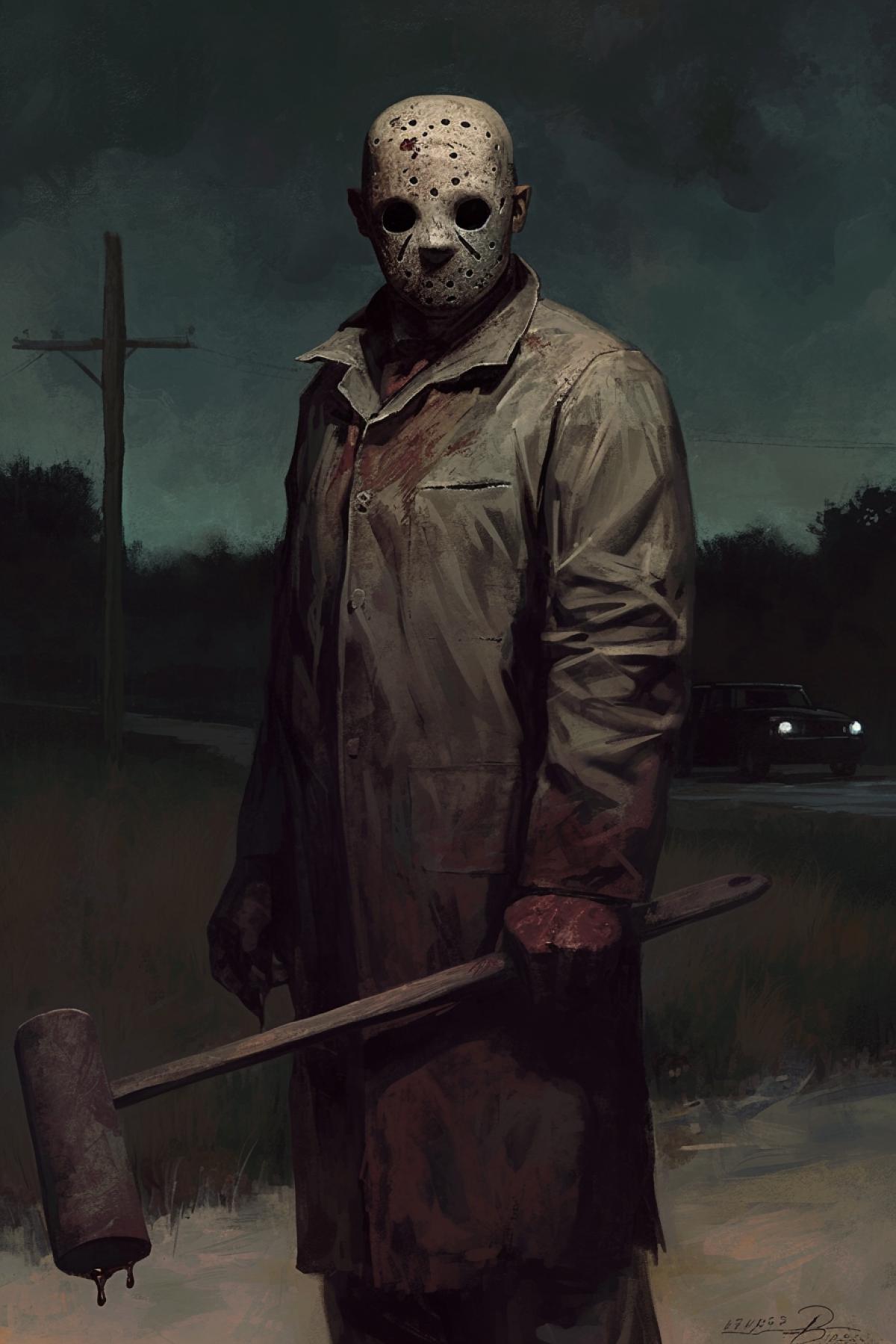man wearing a mask of a big baby doll, the man is wearing a butchers suit smeared with dark wedge syrup, in his hands the man is holding a big hammer smeared with wedge red juice, horror style, creepy image, background faint light of car headlights, night, dark country road , by Gerald Brom Keith Thompson, close up, front view, high detail environment, high detail image contours, high quality