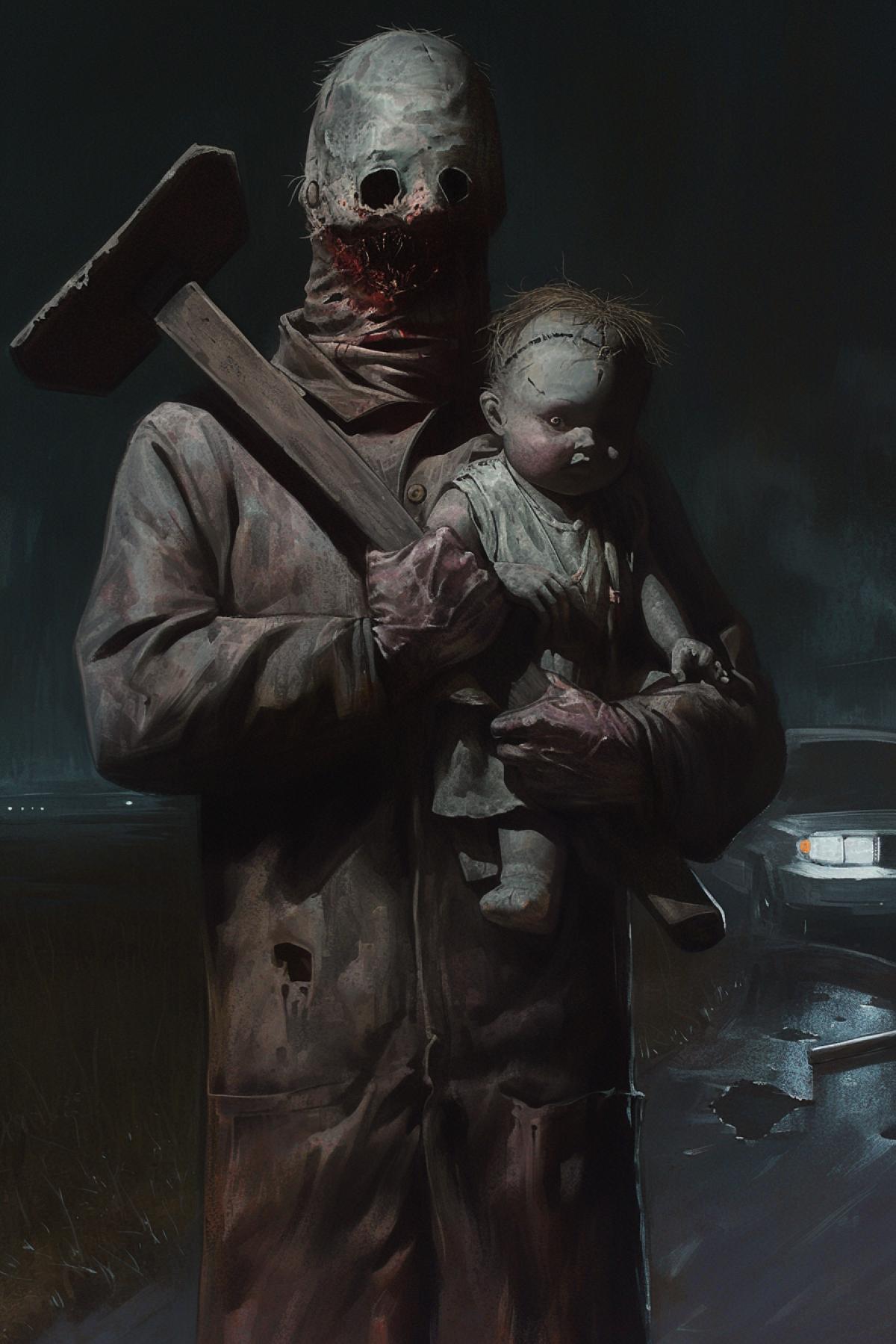 man wearing a mask of a big baby doll, the man is wearing a butchers suit smeared with dark wedge syrup, in his hands the man is holding a big hammer smeared with wedge red juice, horror style, creepy image, background faint light of car headlights, night, dark country road , by Gerald Brom Keith Thompson, close up, front view, high detail environment, high detail image contours, high quality