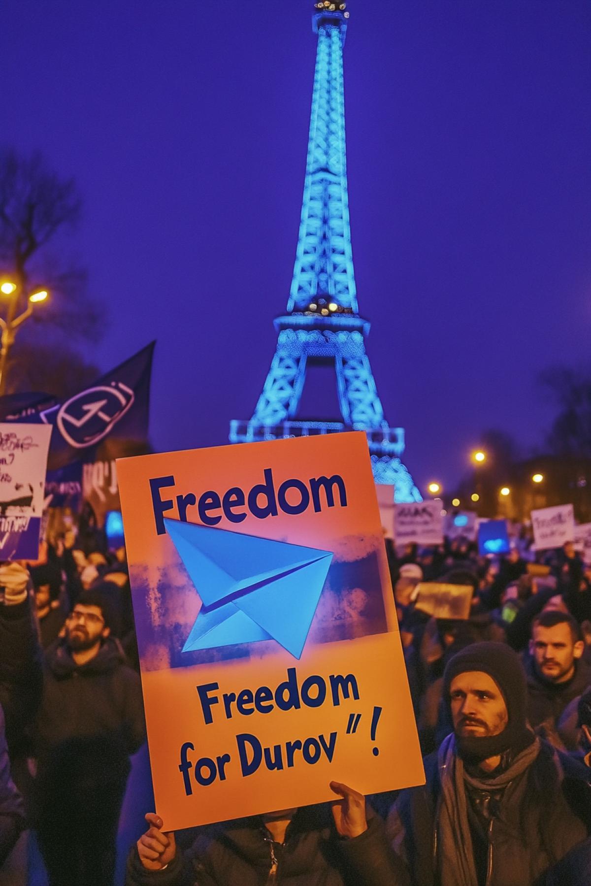 A large-scale demonstration on the streets of Paris, people hold posters with the inscription \"Freedom for Durov\" and an image of a blue paper airplane, the Telegram symbol, flags with digital symbols and code flutter around, against the backdrop of the Eiffel Tower, illuminated by blue light, an atmosphere of determination and the fight for freedom of speech in digital age.