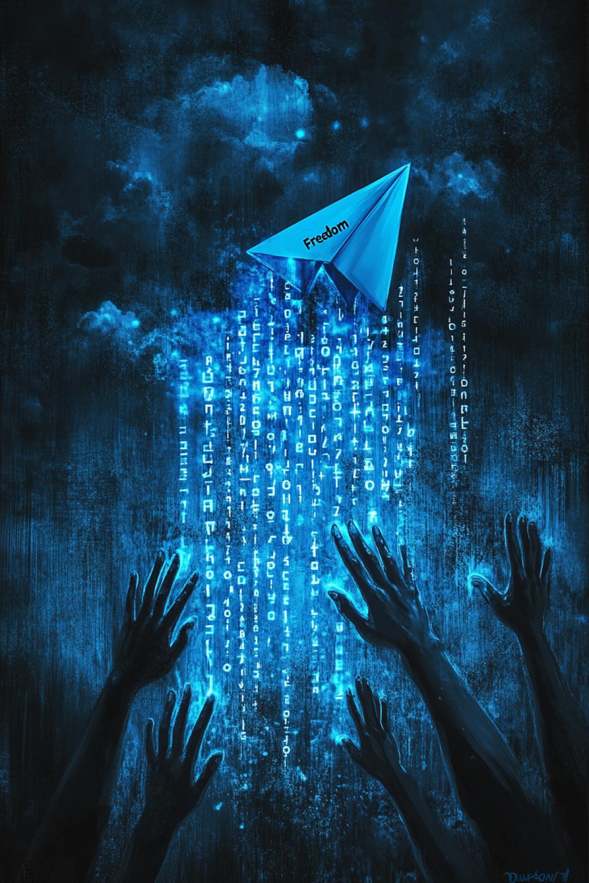 Symbolic image: hands drawn in the form of numbers and letters break the digital shackles, from which a blue Telegram paper airplane symbol flies out, in the background there are dark clouds and a ray of light falling on the inscription \"Freedom for Durov\", an atmosphere of drama and hope emphasizing the importance of the struggle for freedom in the digital world.