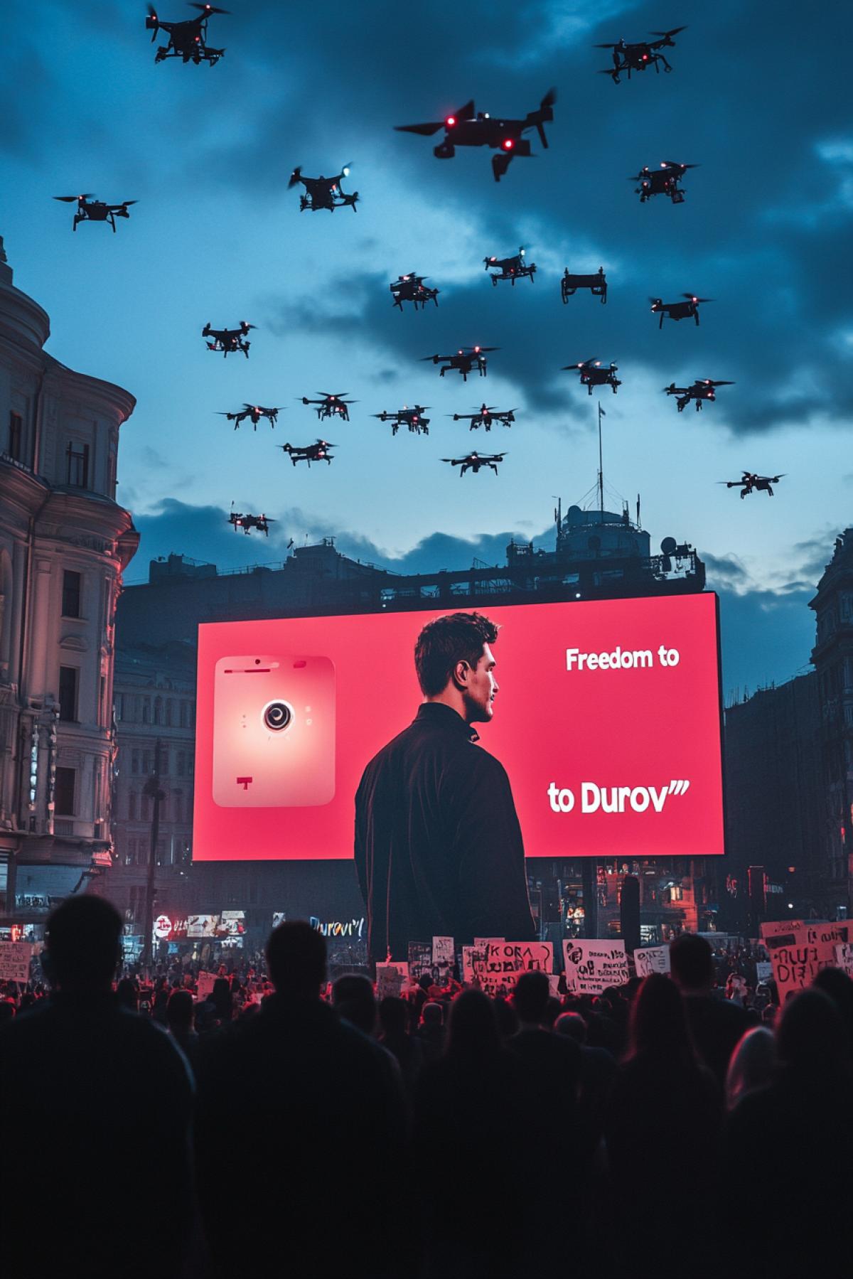 A giant screen on the main square of the city, on which there is a photo of Pavel Durov, the founder of Telegram, as a digital hero, behind his back there is a glowing Telegram logo, drones are hovering in the sky, transmitting the message \"Freedom to Durov\" in different languages, a crowd of people looking up with posters, a scene , where technology and human will unite in the fight for justice.