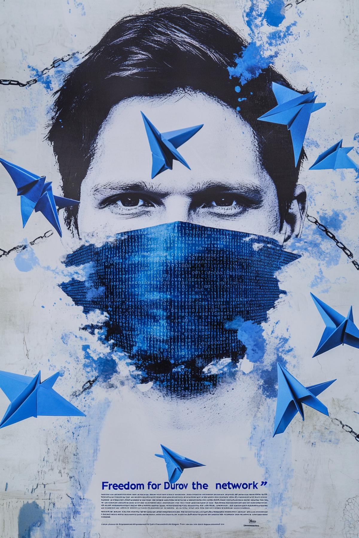 A poster with a large portrait of Pavel Durov, in which his face is covered with a digital code, like a mask, behind him are breaking chains from which blue paper airplanes fly out, Telegram symbols, below the slogan: \"Freedom for Durov, freedom for the network,\" the background is made in blue and white colors colors that convey the spirit of resistance and defense of digital independence.