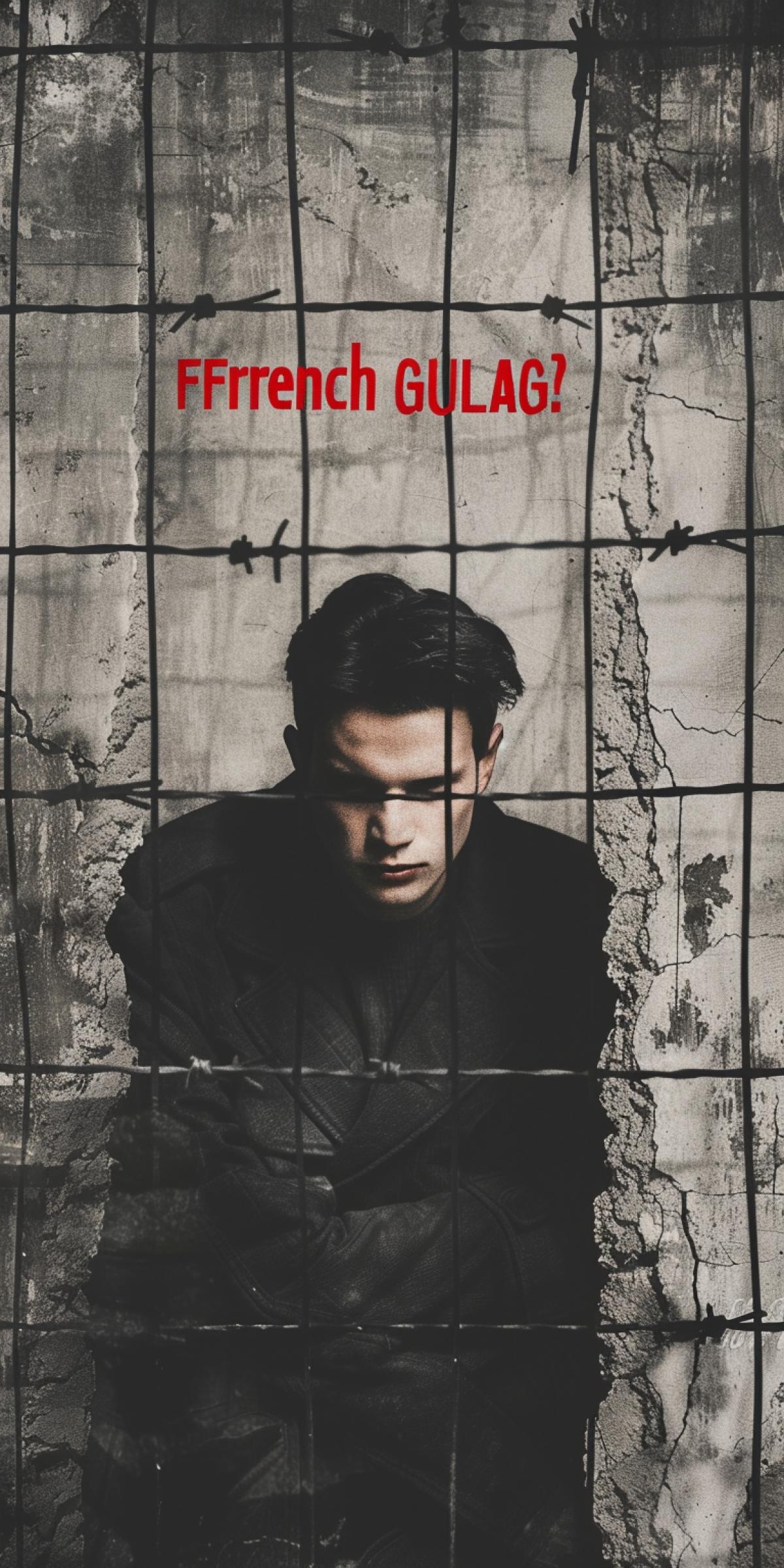 Propaganda photo poster of Pavel Durov behind a thick wall of barbed wire, with a scarlet inscription on top \"French GULAG\". Photo laureate