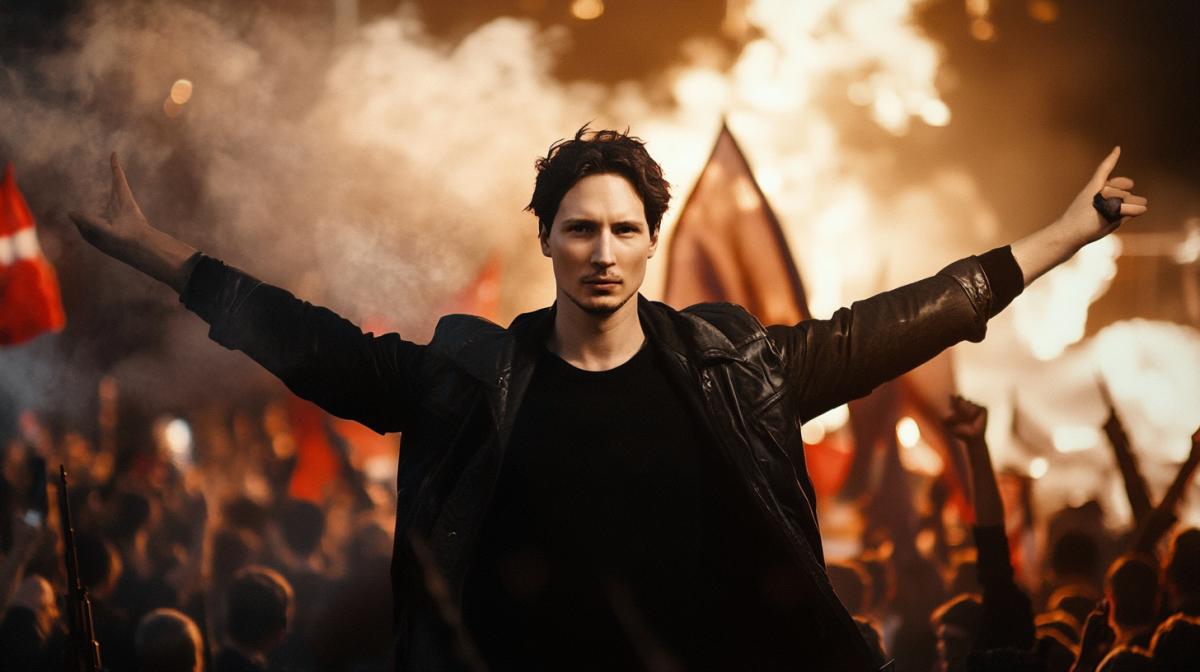 The task is to create an image that will convey the call for the release of Pavel Durov. Get inspired by protests, symbols of freedom, and elements related to Telegram and digital technology. This is a demonstration in support of Durov, a poster with a slogan or a symbolic image that reflects the struggle for freedom and independence in the digital age.