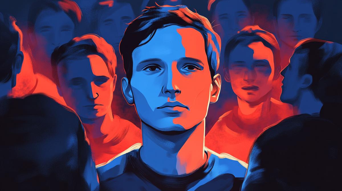 The task is to create an image that will convey the call for the release of Pavel Durov. Get inspired by protests, symbols of freedom, and elements related to Telegram and digital technology. This is a demonstration in support of Durov, a poster with a slogan or a symbolic image that reflects the struggle for freedom and independence in the digital age.