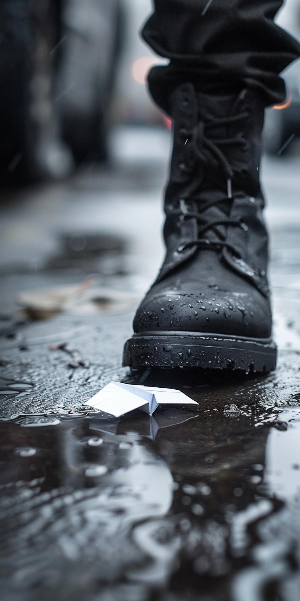 Photo of a police boot about to step on a paper airplane.