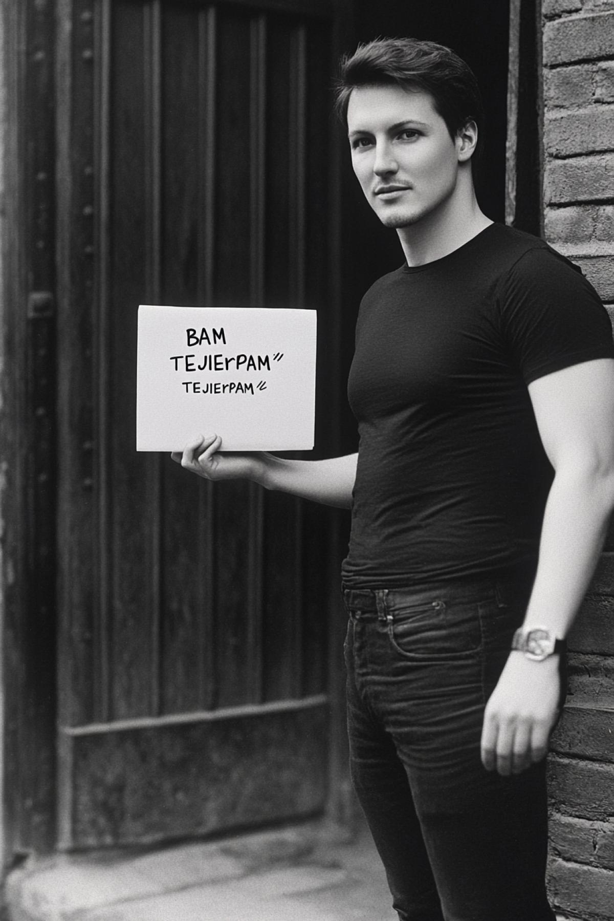 The postman hands over a telegram to a handsome prisoner text on speechbox \"BAM TEJIErPAM\"