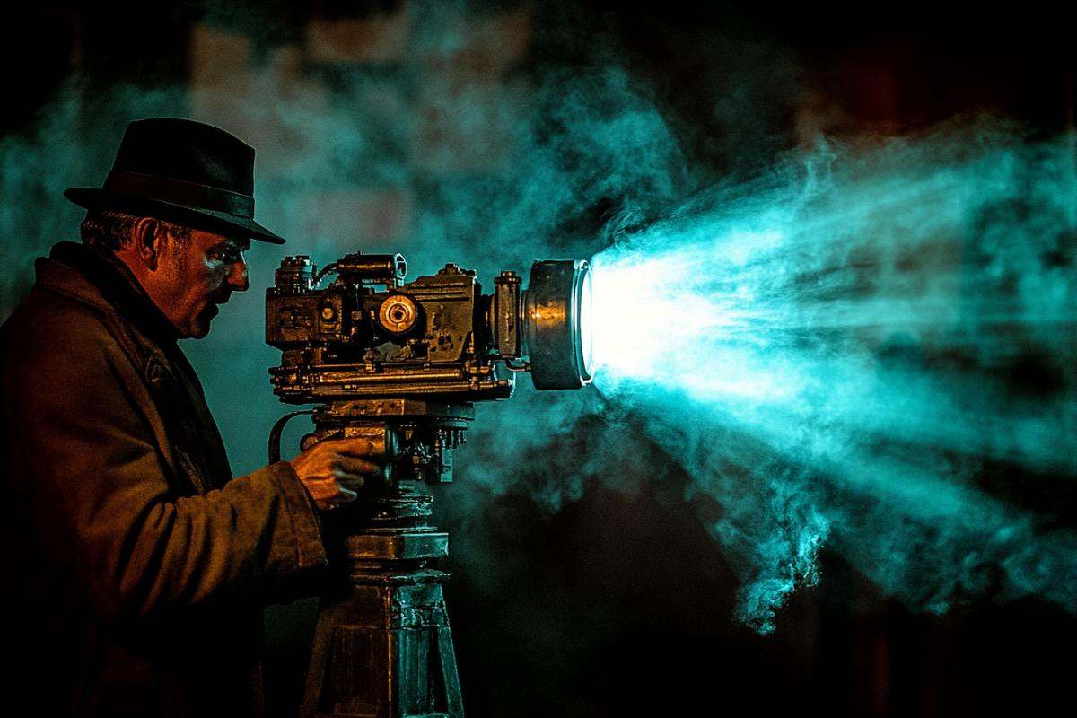 An old film projector casting flickering images on a dusty wall, light and shadow playing across a lone figure in a fedora. Fritz Lang inspired, film noir, chiaroscuro, dramatic lighting, mysterious, atmospheric
