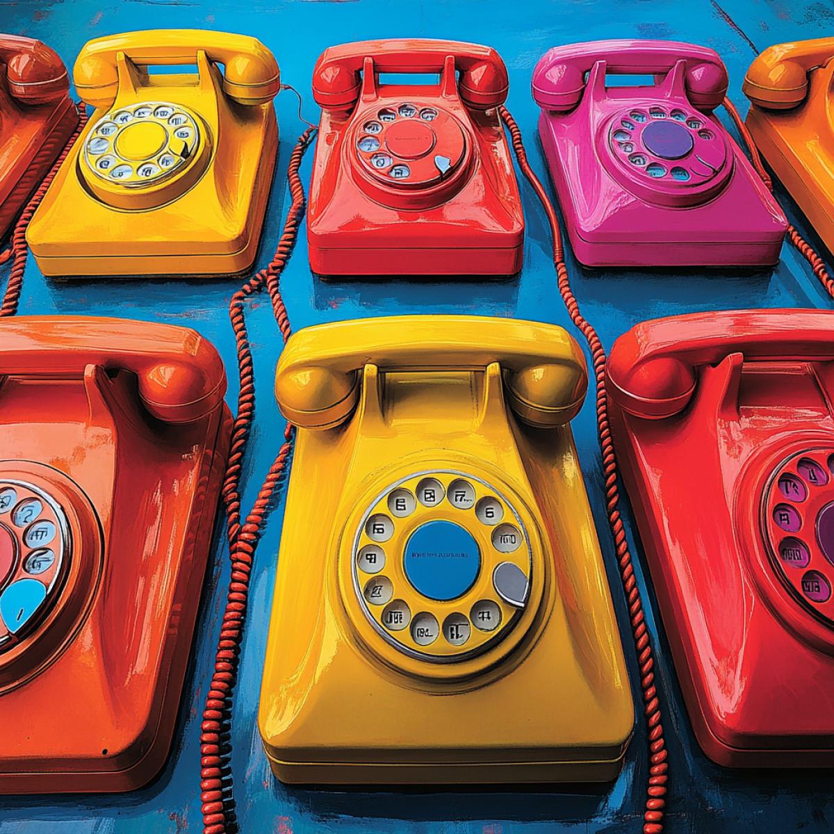 A grid of vintage rotary dial telephones, vibrant colors, repeating patterns, pop art style, Andy Warhol inspired, bold, graphic, iconic, mass-produced, consumerism, in style Andy Warhol