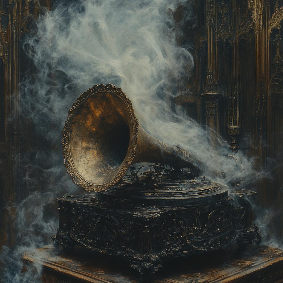 A decaying, biomechanical gramophone, intricately crafted from bone and brass, playing a mournful tune. Tendrils of smoke rise from its rusted horn, casting eerie shadows on a crumbling, gothic architecture backdrop. Beksinski inspired, biomechanical, dystopian, macabre, intricate details, ethereal lighting, atmospheric, dark fantasy, haunting