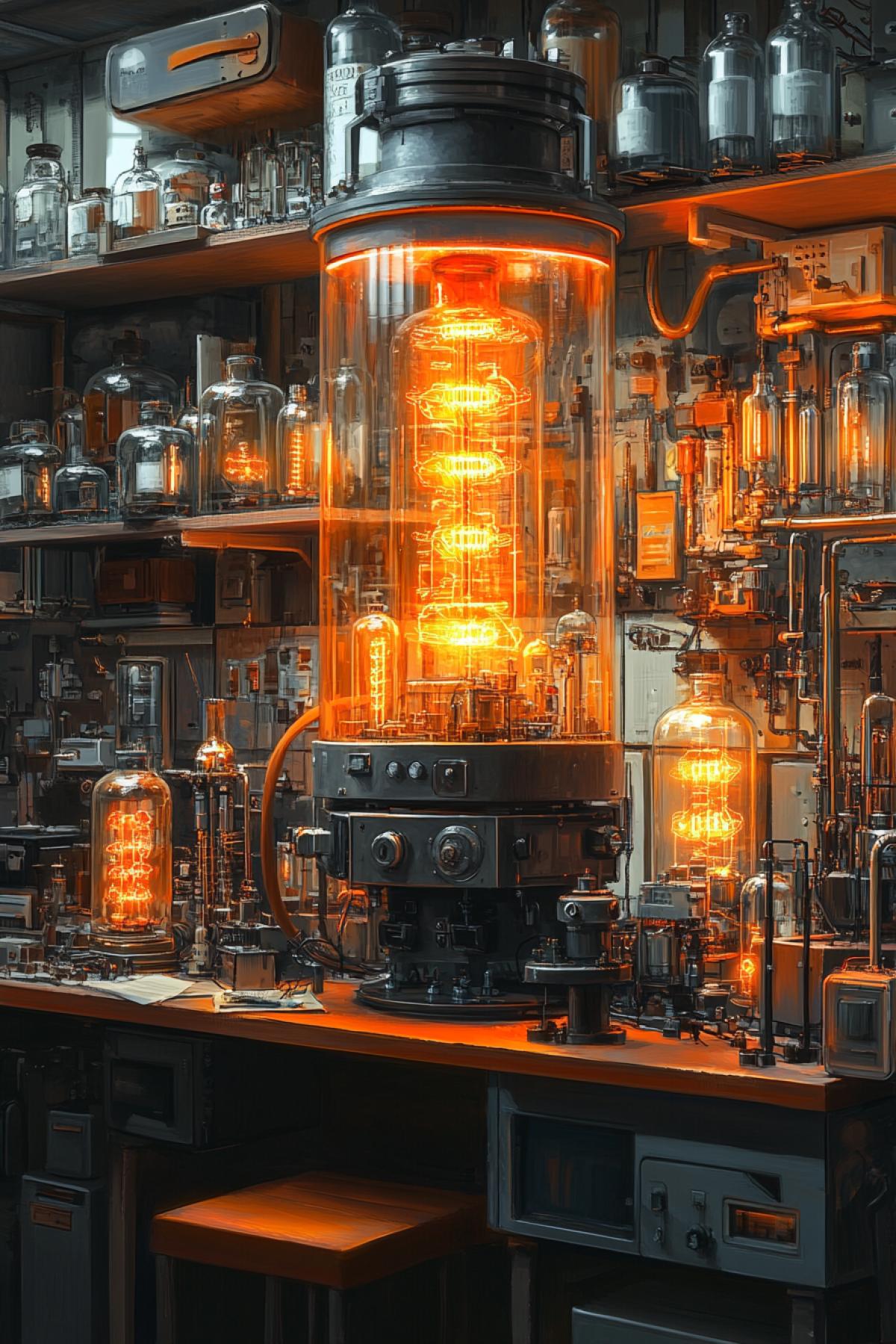 A room filled with glowing vacuum tubes, wires and circuits, intricate details, cyberpunk aesthetic, Syd Mead inspired, futuristic yet retro, neon lights, dark and atmospheric, technological decay