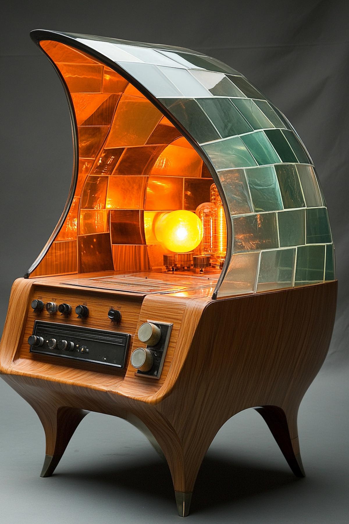 An antique radio receiver, glowing vacuum tubes, art deco design, polished wood and chrome, Tamara de Lempicka inspired, elegant, luxurious, geometric shapes, warm lighting, rich colors
