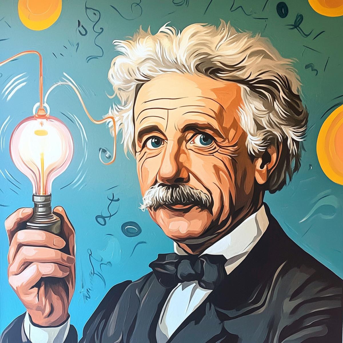 Albert Einstein experimenting with a Tesla coil, retrofuturistic, Art Deco influences, bold geometric shapes, vibrant colors, sense of wonder and discovery