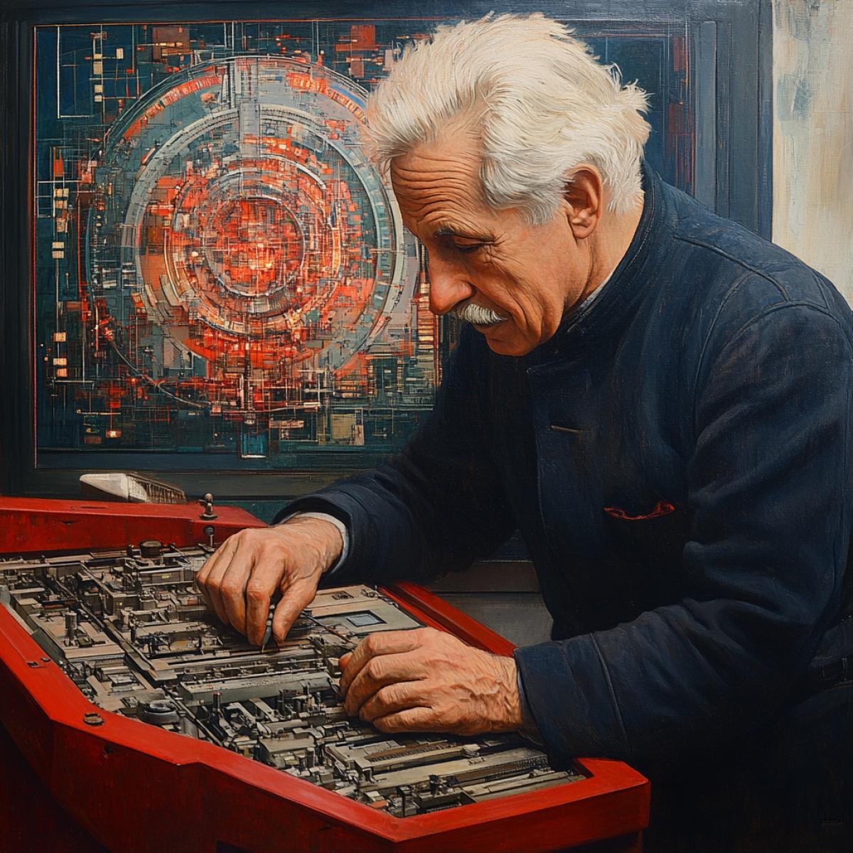 Albert Einstein studying a complex mechanical arithmometer, Soviet constructivist style, bold geometric shapes, red and dark color palette, propaganda poster aesthetic, focus on the intricate details of the machine