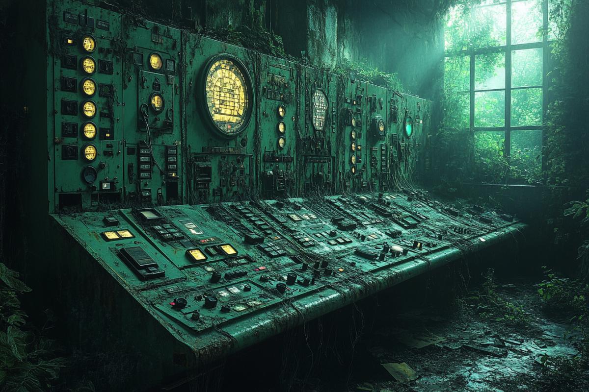 A derelict telephone exchange, covered in dust and cobwebs, filled with rows of antiquated switchboards and tangled wires. Light streams through broken windows, illuminating flickering dials and forgotten connections. In the style of H.R. Giger and Andrei Tarkovsky, with a touch of Beksinski