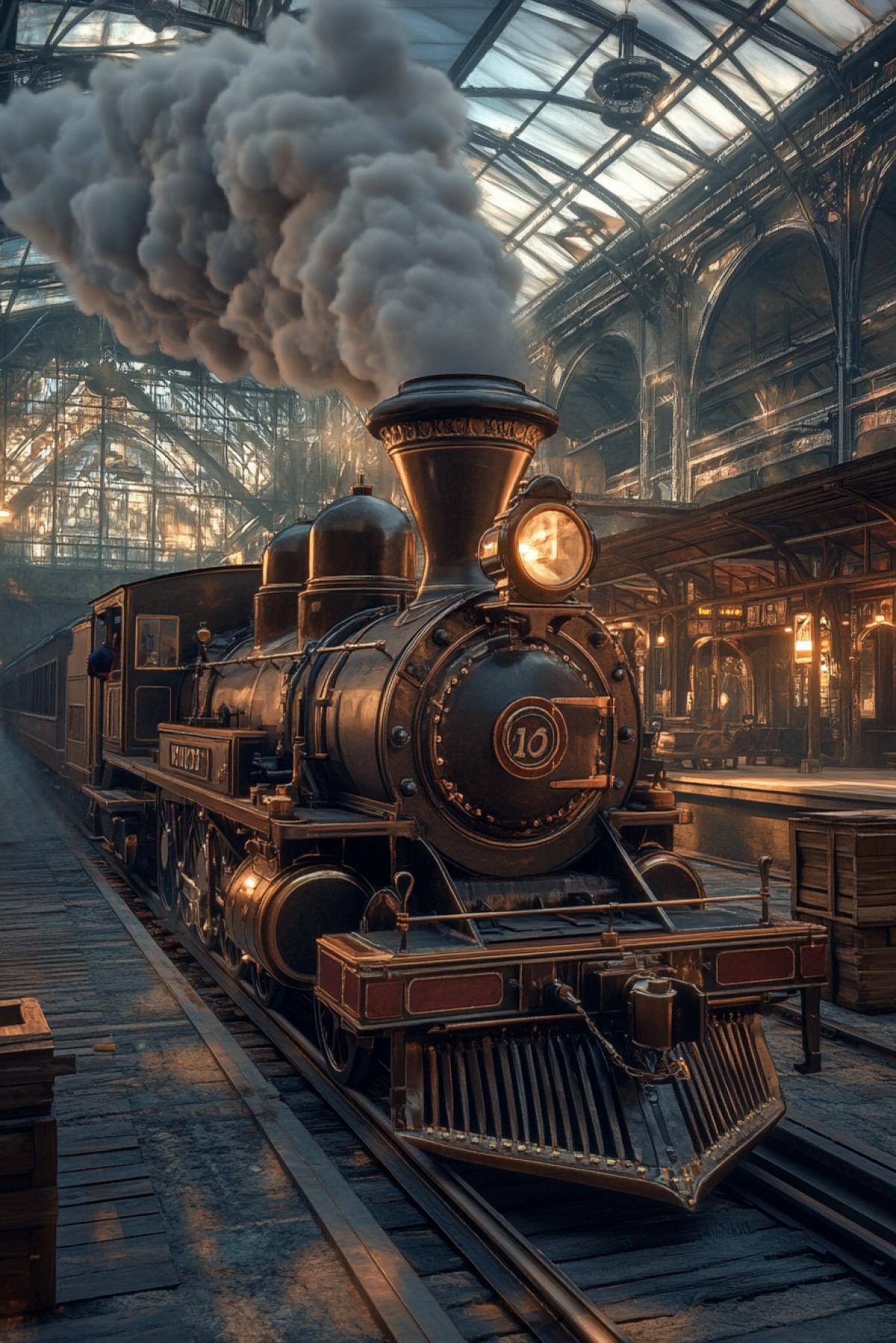 A steam locomotive at an old railway station, with thick smoke coming from the chimney, massive metal wheels and details of the mechanism are detailed, there are wooden boxes around, retro lanterns illuminate the platform, in the background there is a dilapidated station with a train schedule, a sense of grandeur and power of technology, which whenmoved the world forward.