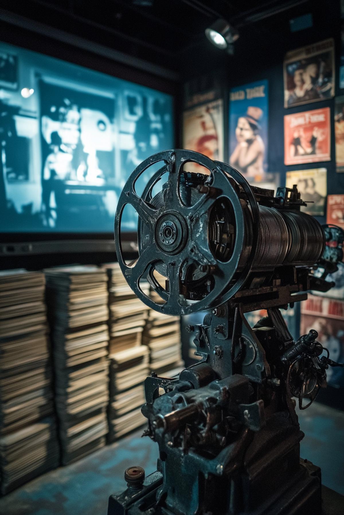An early 20th century film projector in a retro cinema, a massive metal case with many parts and handles, next to stacks of films and posters of old films, a dark room illuminated only by light passing through the film and projecting the image onto an old screen with a small frame, an atmosphere of magic the first film shows and the silent film era.
