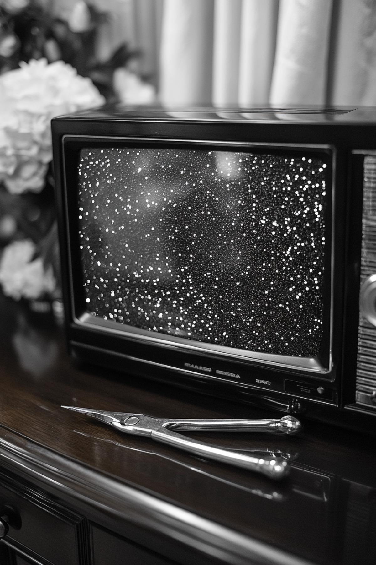 An antique dark-and-white television stands on a wooden nightstand, with pliers lying next to the TV.