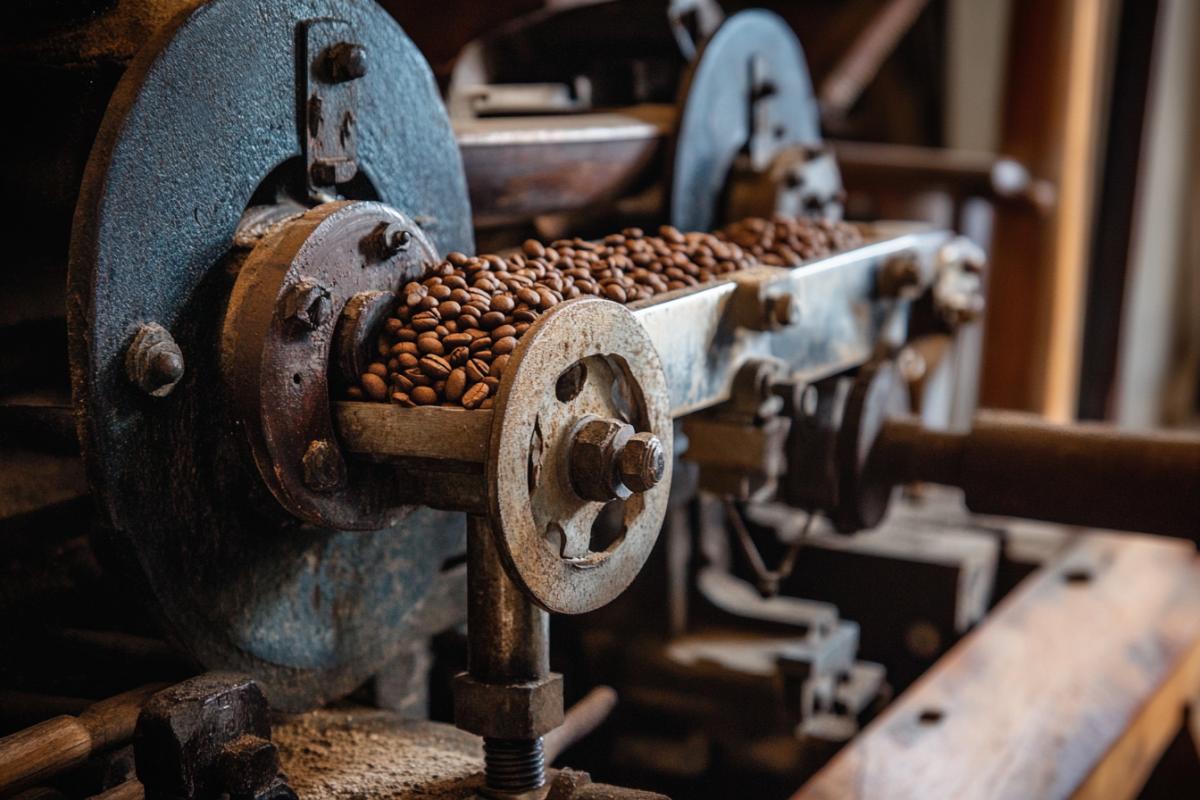 Mechanical antique mechanism with many grinding units for pressing grapes and grinding coffee beans