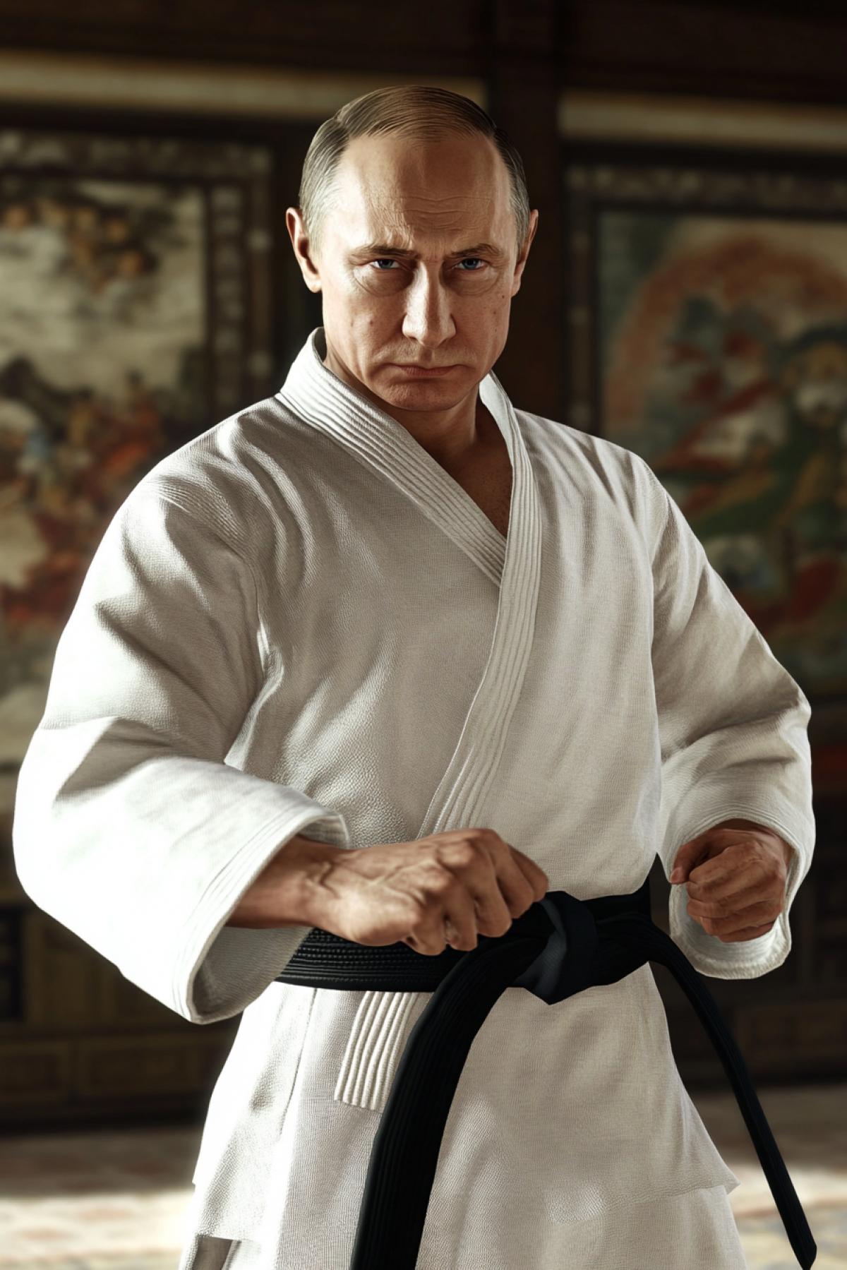 Vladimir Putin. wearing karate white kimono as the mortal combat game character screen shot