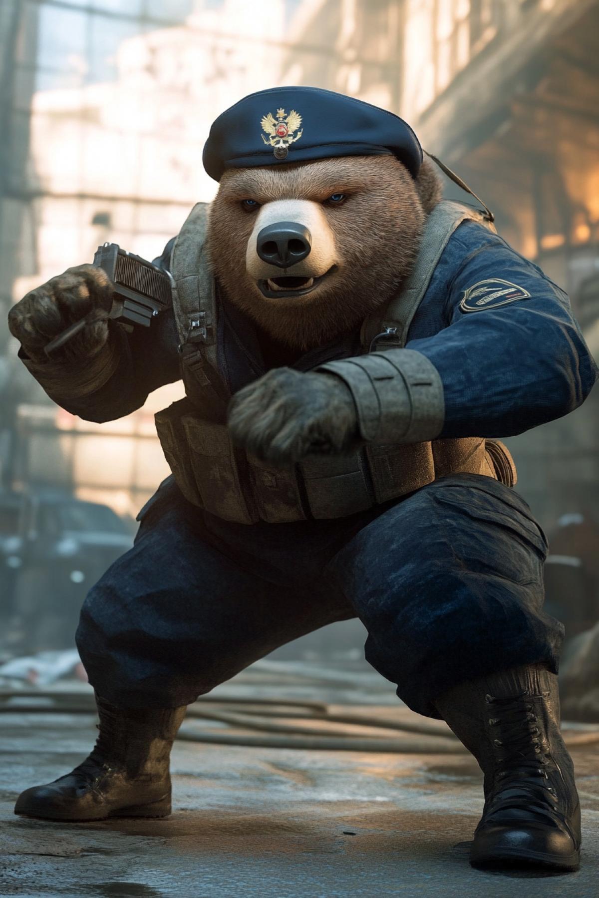 Fat Russian bear full height wearing navy uniform and navyblue beret as mortal combat character in aggressive attacking epic 4k mortal combat screenshot