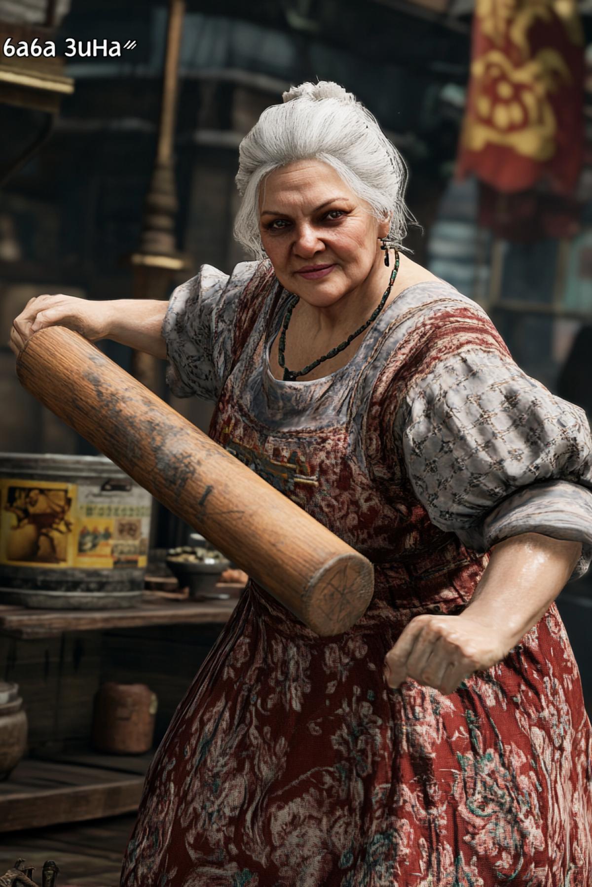 Fat russian 45yo woman wearing russian sarafan dress having wooden dough roller in one hand as mortal combat game character in attacking 4k box inscription \"6a6a 3uHa\" on the screenshot