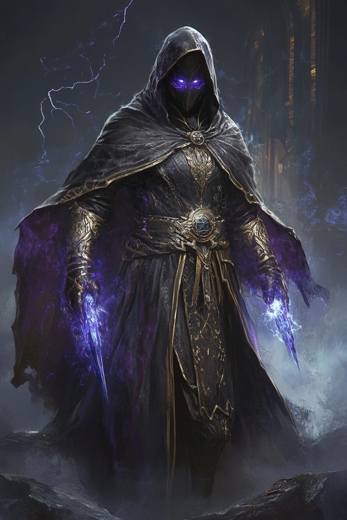Character: Mirage. 🟥 A long cloak with a hood, the is shrouded in smoke, the face is hidden under a mask with changing symbols, a cape made of dark fabric with mystical patterns, leather armor with purple and gold accents, in the hands of enchanted daggers that glow with blue light. The background is a foggy arena, collapsing columns, a dark sky with lightning.. 📸 Full height, dynamic 4k, dark lighting, emphasis on mysticism and the magic of illusions, bottom perspective, dark tone.