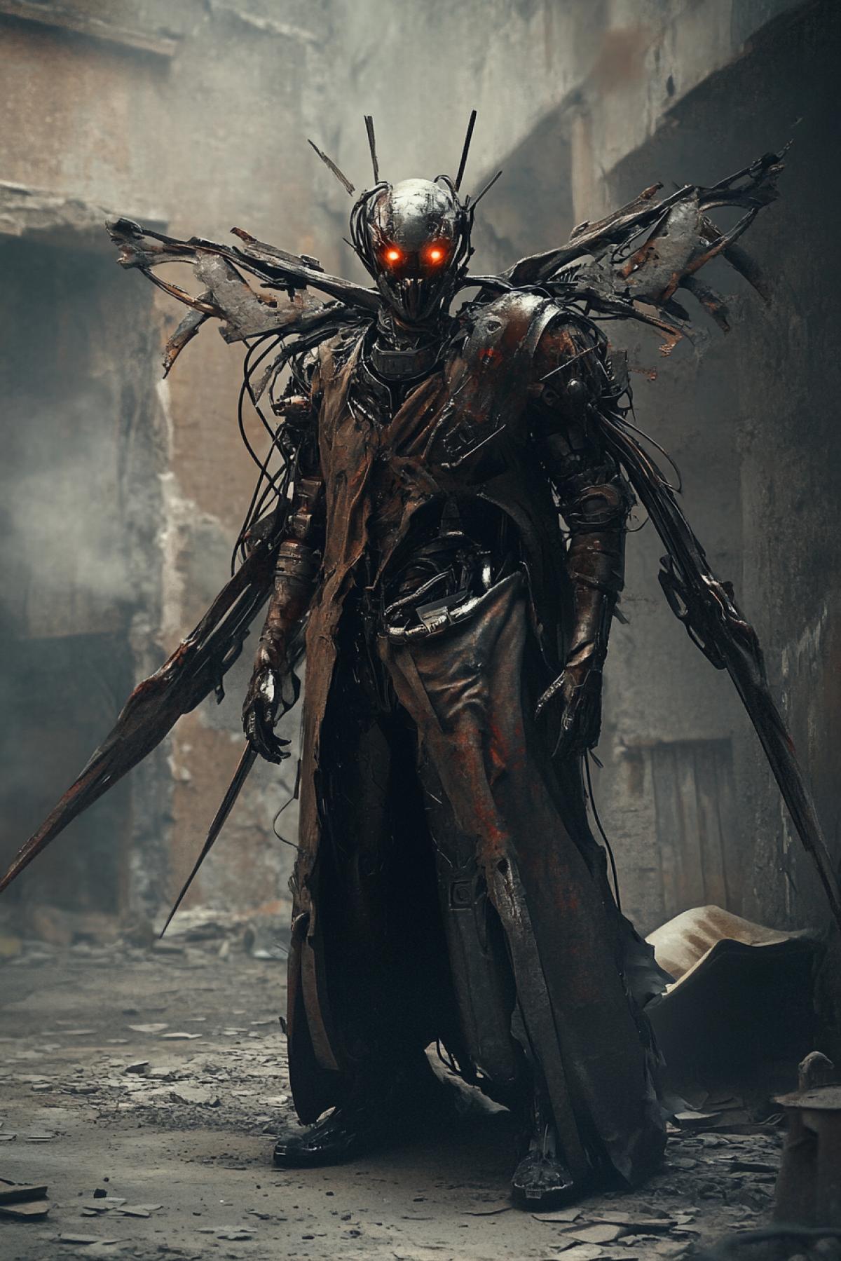 Character: Rusty. 🟥 A cyborg with a covered in rust and cracks, mechanical limbs with spikes and blades, a face hidden under an old metal mask, eyes glowing red. Clothes made of torn fabric and metal, on the back there are large mechanical wings, dilapidated. The background is an abandoned industrial area with ruins and smoke, low lighting, gloomy atmosphere.. 📸 Full height, aggressive 4k, low angle, focus on mechanical details and rust, emphasis on menacing appearance.