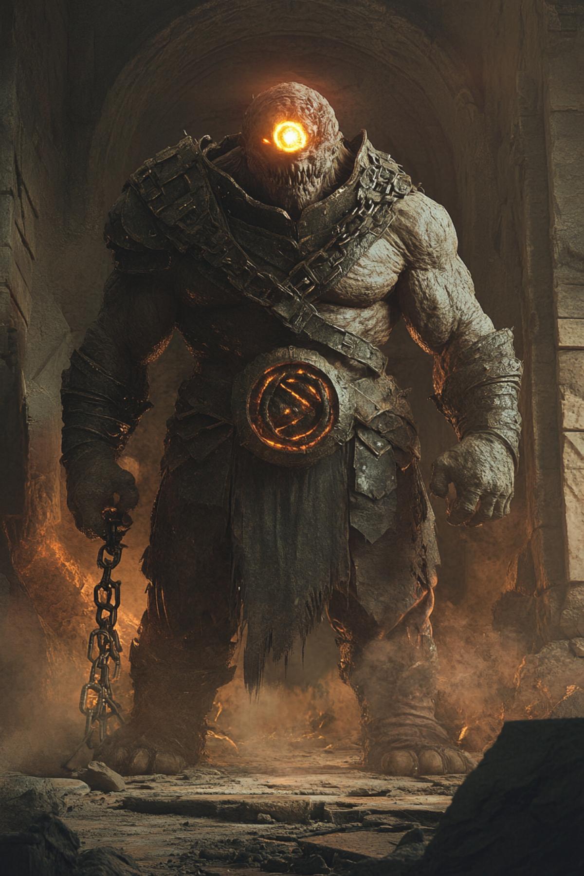 Character: Cyclops. 🟥 A giant with one glowing eye, a covered with stone plates and magical runes, ancient armor made of leather and metal, a massive chain with spikes in his hands. A rough, powerful figure with barbaric elements. The background is the ruins of an ancient temple, surrounded by dust and crumbling walls, weak light from magical lights.. 📸 Full height, menacing 4k, looking at the camera, glittering rune and glowing eye effect, dramatic lighting, stone floor, dust and debris in the foreground.