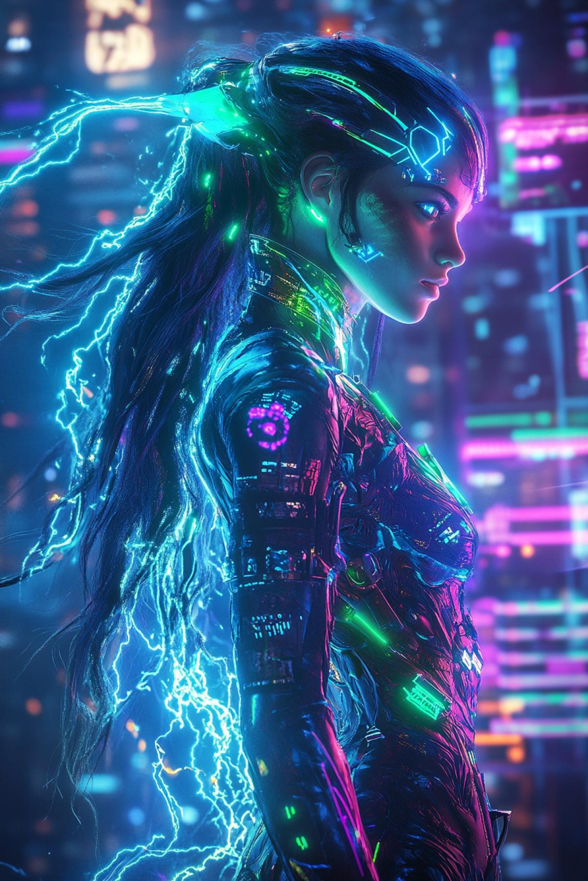Character: Zetta. 🟥 Cyber shaman girl, long hair like electric discharges, digital tattoos glowing with blue and green light, armor with elements of high technology and ancient cultures. In his hands are energy nunchucks, from which electric discharges emanate. The background is a futuristic arena, blue-violet neon lighting, high screens with codes.. 📸 Full height, dynamic fighting 4k, side view, bright lighting with an emphasis on electrical discharges, sharp contrasts, shine and reflections.