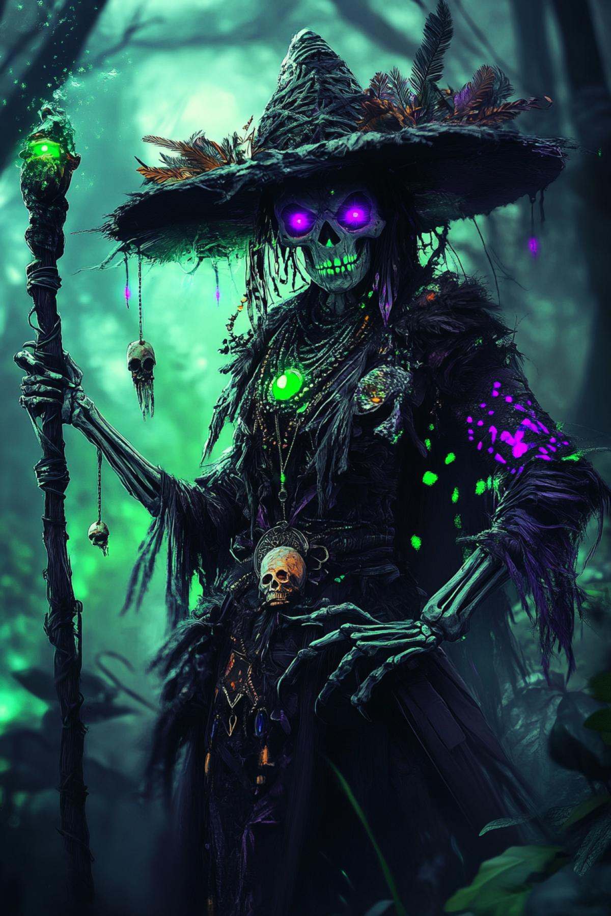Character: Voodoo. 🟥 A dark shaman with bone jewelry, a suit made of dark fabric and animal skins, a hat with voodoo feathers, his covered with tattoos glowing green and purple. In her hands is a voodoo doll with needles and a dark staff with a skull. The face is painted like a skull, the eyes are bright purple luminous dots. The background is dark swamps with trees and ominous light, magical symbols in the air.. 📸 Full height, threatening 4k with a raised staff, low angle, atmosphere of fear and magic, thick fog, green lights, contrasting lighting.