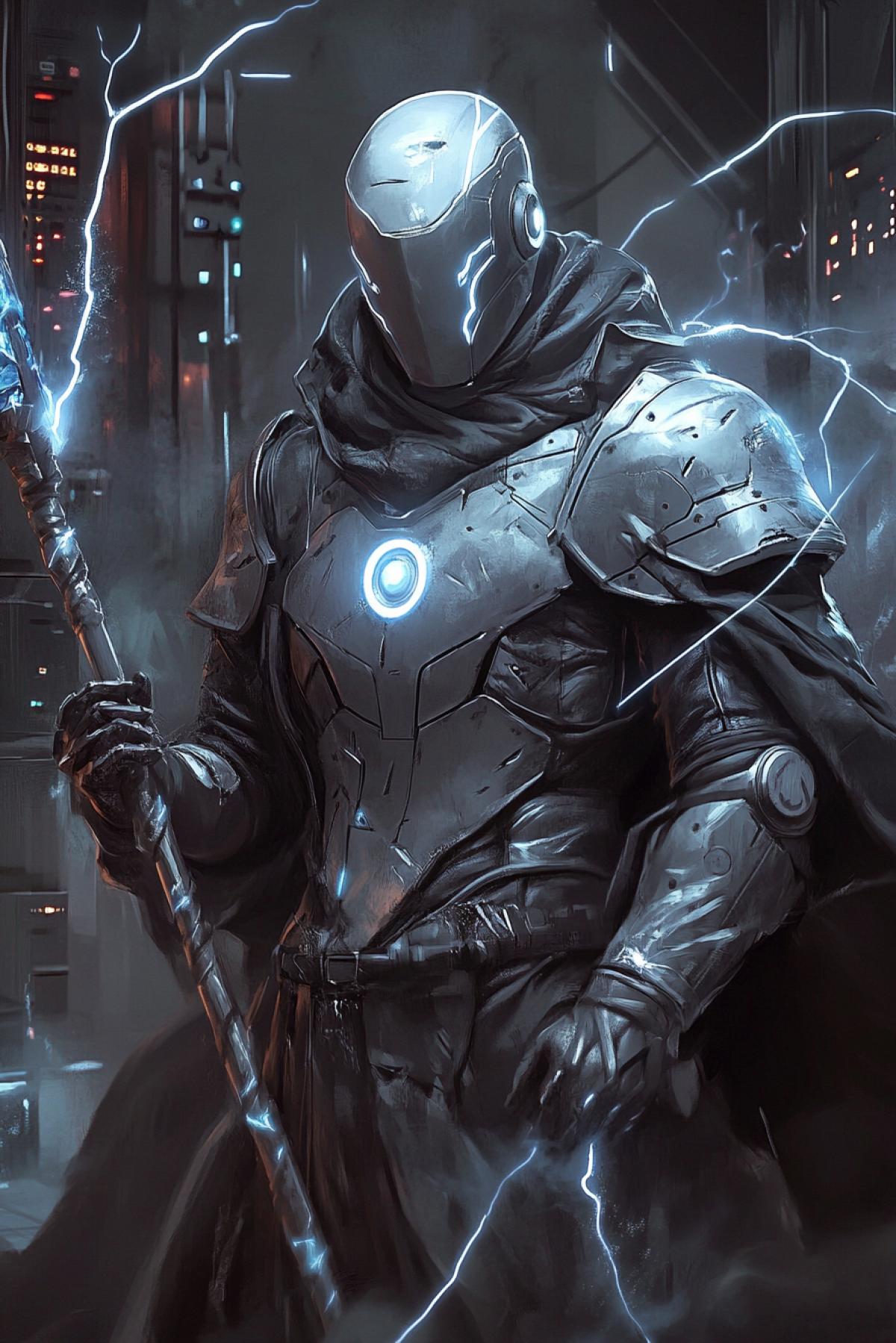 Character: Tesla. 🟥 Technological magician, dressed in armor with lightning, the whole is covered with armor made of a plate that glows with electrical discharges, a long cloak made of electrical matter, in the hands of a metal staff with a giant crystal at the end. The face is partially hidden by a metal mask, the eyes are white and glowing. There are electrical discharges and lightning flashes around the character. The background is a futuristic laboratory with discharges and generators, electrical panels and scientific instruments.. 📸 Full height, spectacular 4k with a staff swing, threatening lightning, bright electrical discharges, dramatic lighting, bright accents on electricity and armor details.