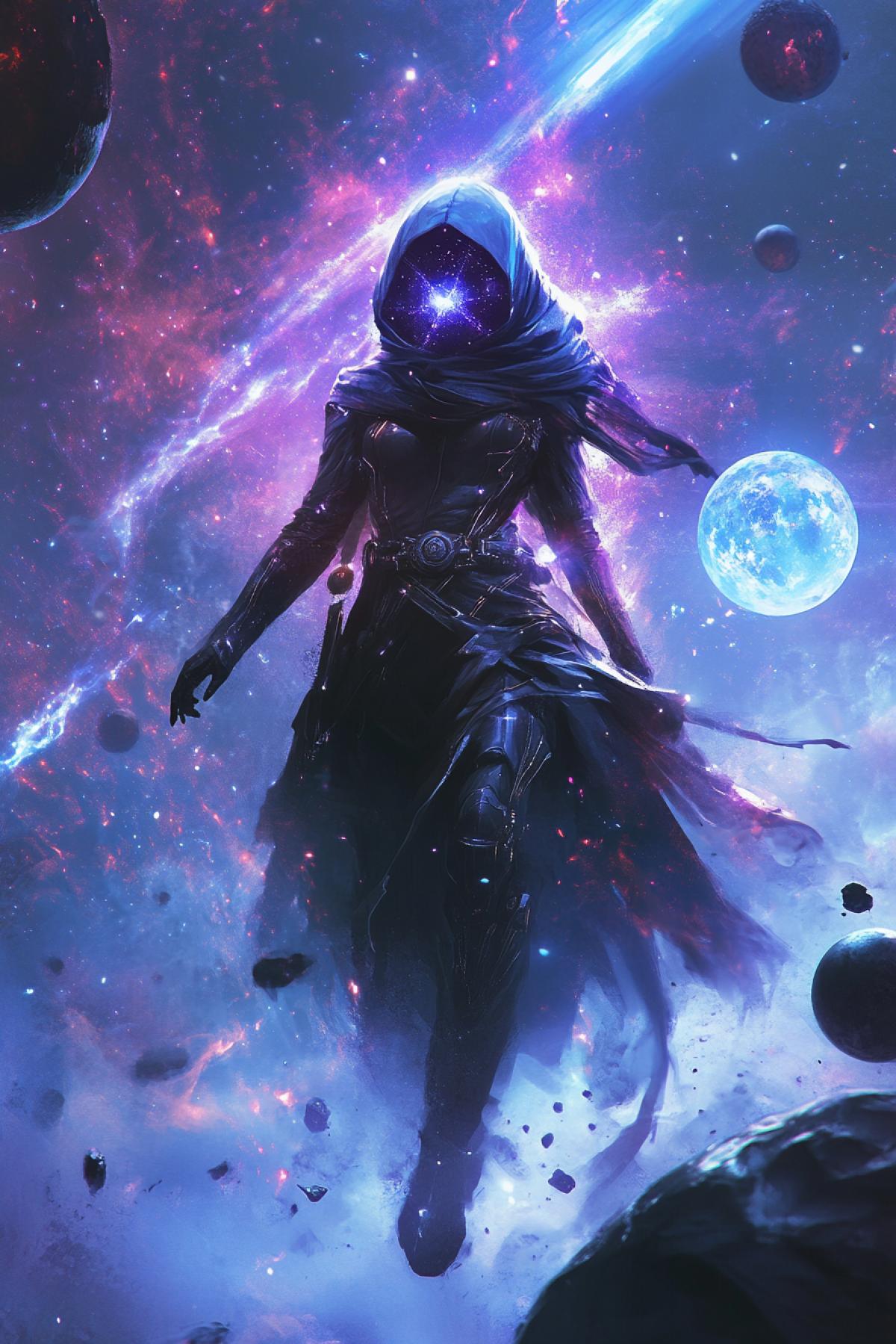 Character: Astra. 🟥 A mystical warrior, her is wrapped in a glowing aura of starlight, a costume made of dark metal interspersed with space stone, on her back there are soaring orbits of planets, around which rings revolve. The face is covered with a mask in the form of a star map, long hair, like constellations. The weapon is a lightsaber that looks like the tail of a comet. The background is outer space with asteroids and glowing stars, zero gravity.. 📸 Full height, floating 4k in zero gravity, emphasis on star themes, perspective from above, bright glow, emphasis on the magic of space and mystery.