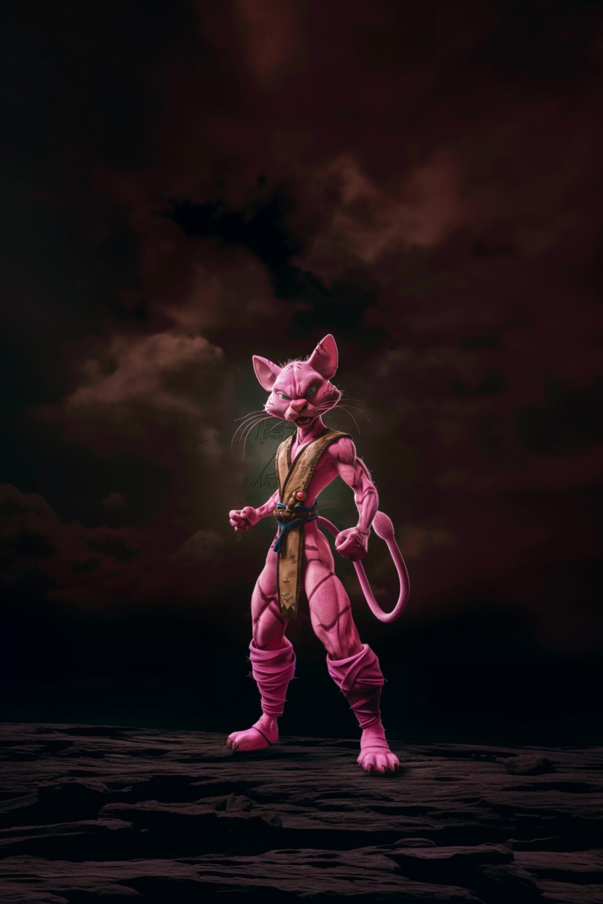 cartoon character pink panther in the image of a character from mortal kombat, flickering, realistic image, photoshop, clear details