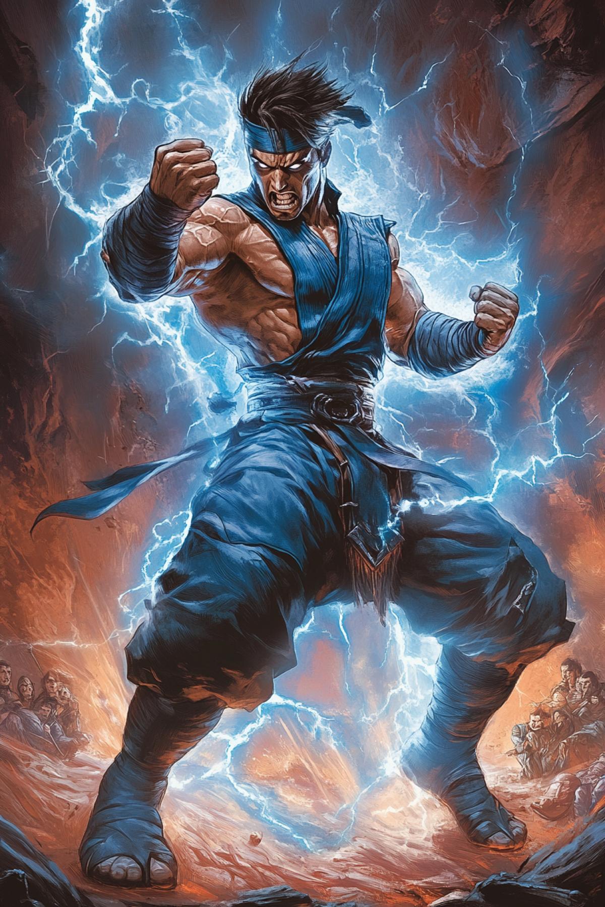 This is a new character from the famous game Mortal Kombat. He is the illegitimate son of Goro and Sub-Zero. In this illustration, he showcases his epic super move. The audience is thrilled. Expression, energy, inhuman power.