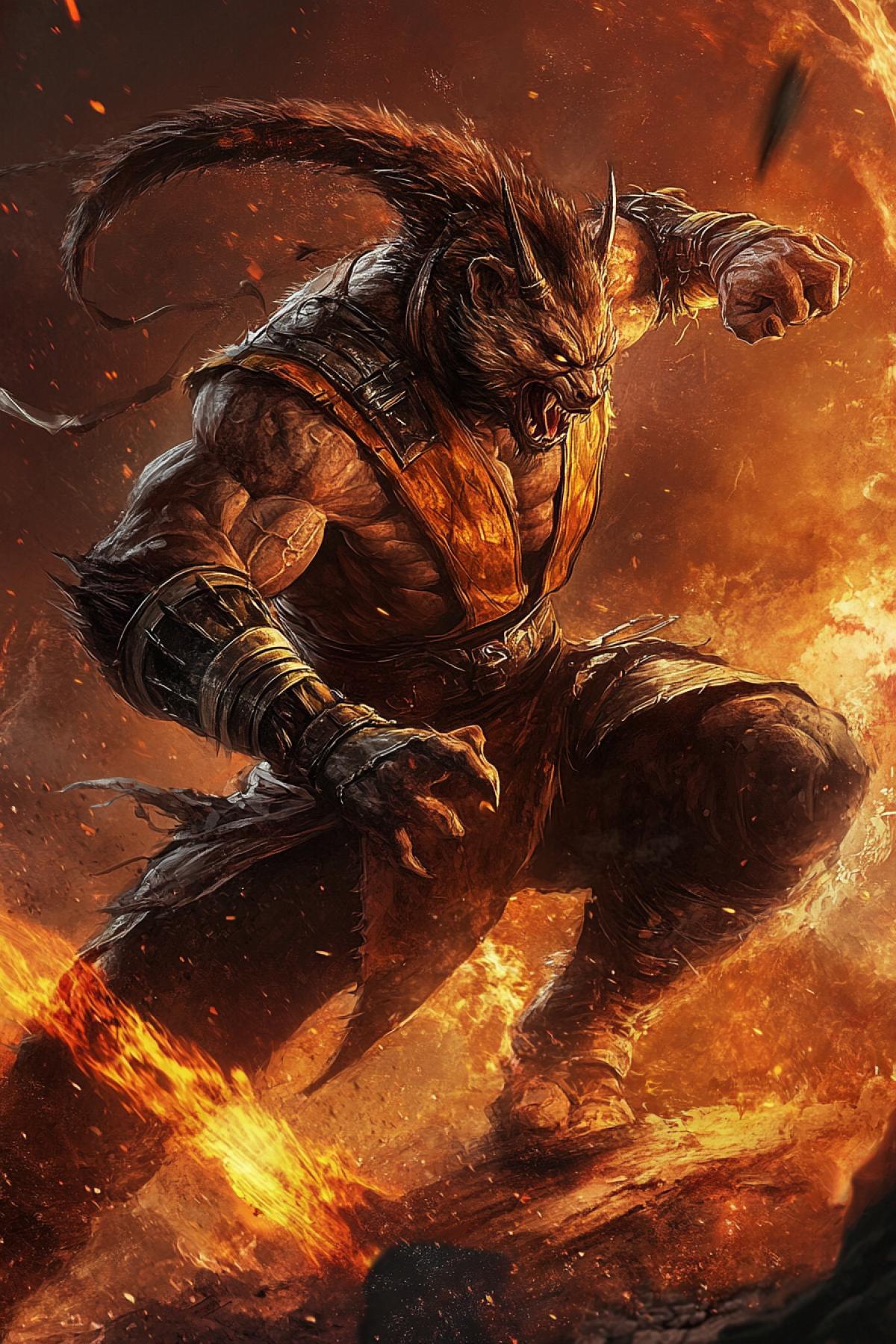 This is a new character from the famous game Mortal Kombat. He is the illegitimate son of the fierce beast Capybara and the character Scorpion. In this illustration, he showcases his epic super move. The audience is thrilled. Expression, energy, inhuman power.