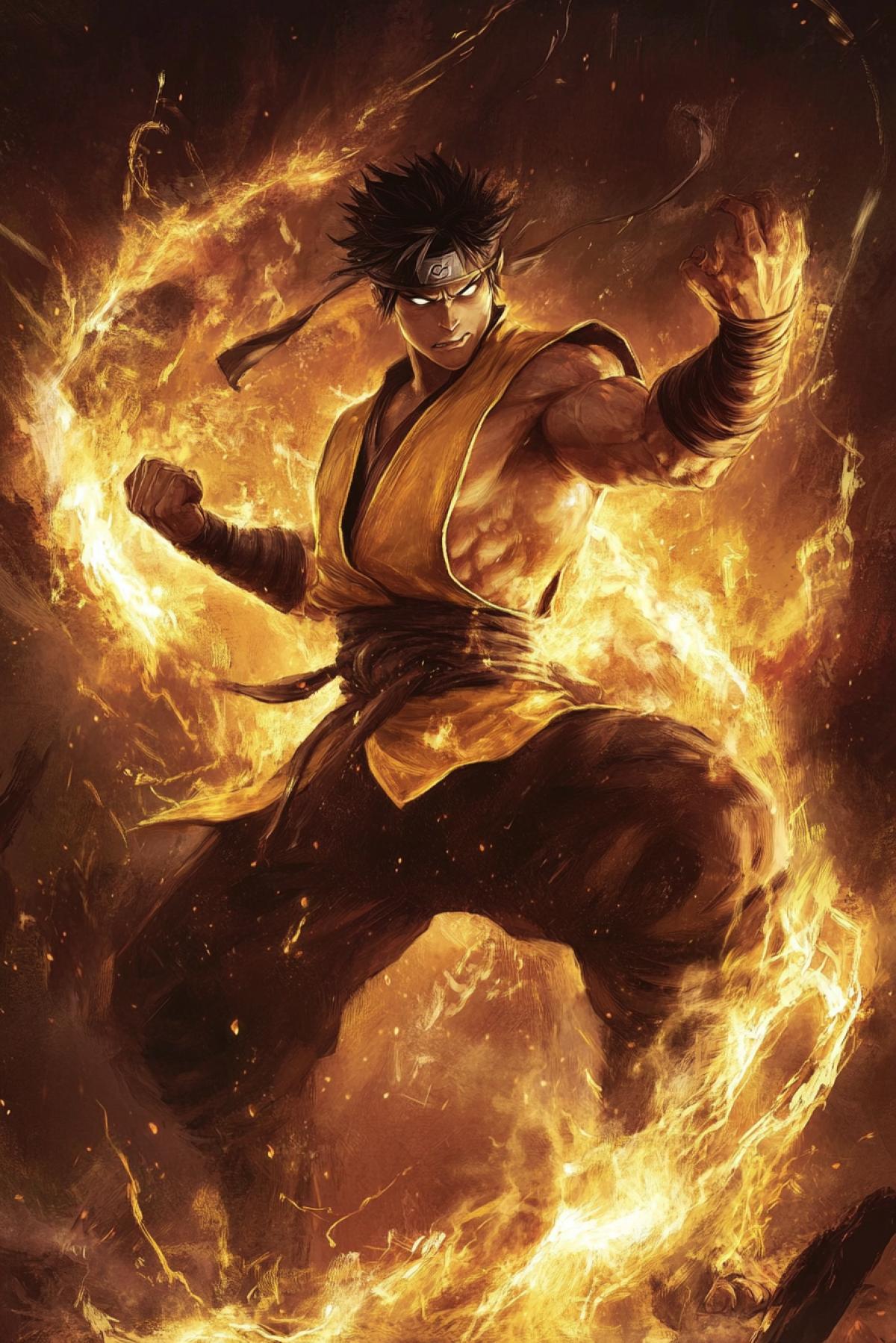 This is a new character from the famous game Mortal Kombat. He is the illegitimate son of the characters Naruto and Minnie Mouse. In this illustration, he showcases his epic super move. The audience is thrilled. Expression, energy, inhuman power.