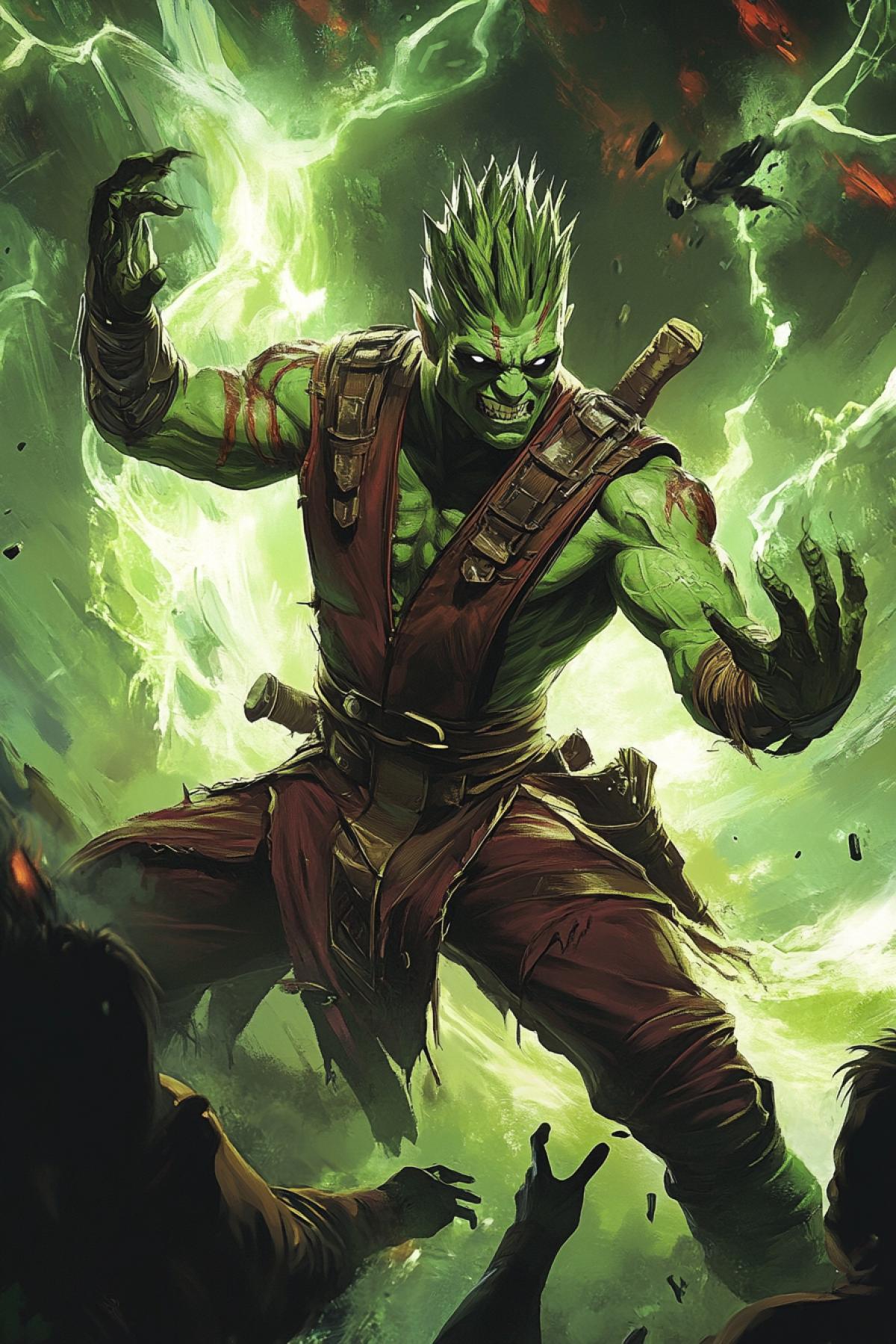 This is a new character from the famous game Mortal Kombat. He is the illegitimate son of the characters Groot and Shrek. In this illustration, he showcases his epic super move. The audience is thrilled. Expression, energy, inhuman power.