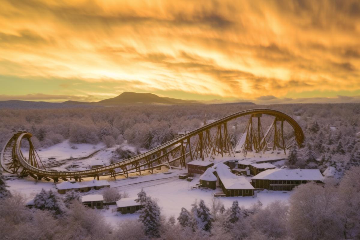 Abandoned amusement park in Karelia, winter, night, aurora borealis, ominous, a lot of snow, abandoned.