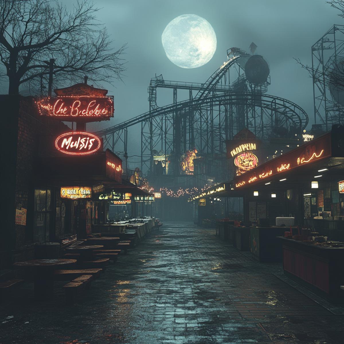 Mysterious abandoned theme park, dilapidated food stalls, empty pavilions, broken neon signs, moonlit night, mist rolling in, photorealistic style, intricate details, volumetric lighting