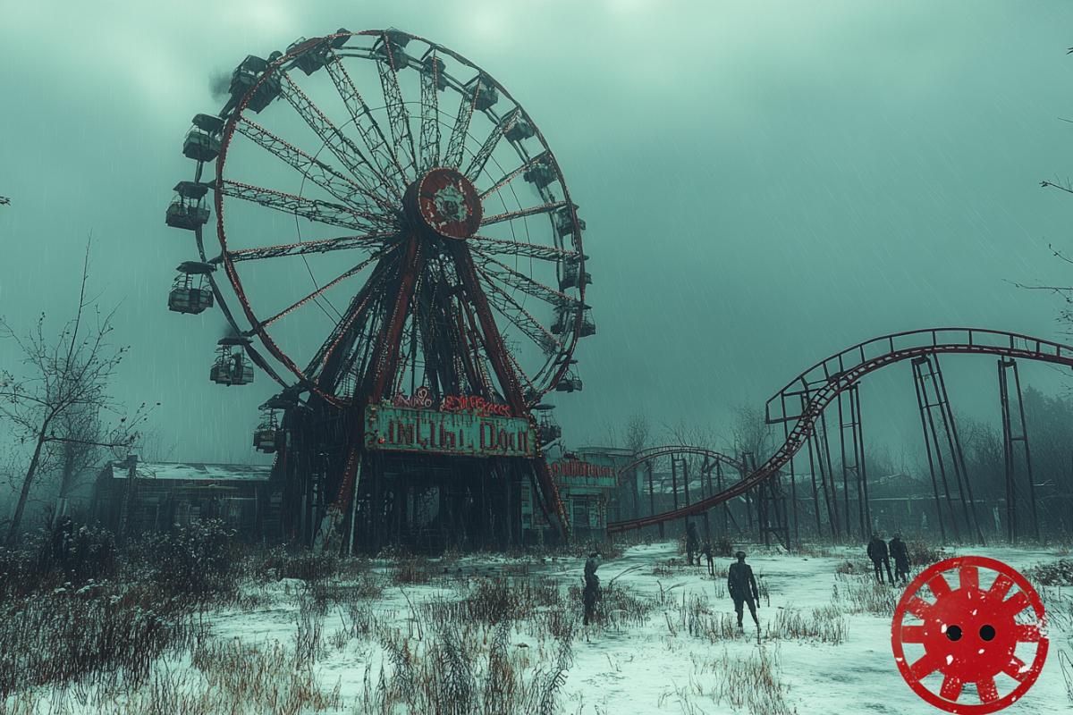 Abandoned amusement park frozen in time, suspended in eternal twilight, ancient colossal clocktower at the center with gears and cogs intertwined with old carnival rides, time-worn wooden roller coaster looping around it, everything covered in a layer of crystalline frost, ethereal fog rolling through the park, ghostly people frozen in time, some mid-action as if they were suddenly stopped, a sense of impending doom, light from the setting sun trapped hovering just above the horizon, ultra-detailed, hyper-realistic, 8K, haunting and surreal