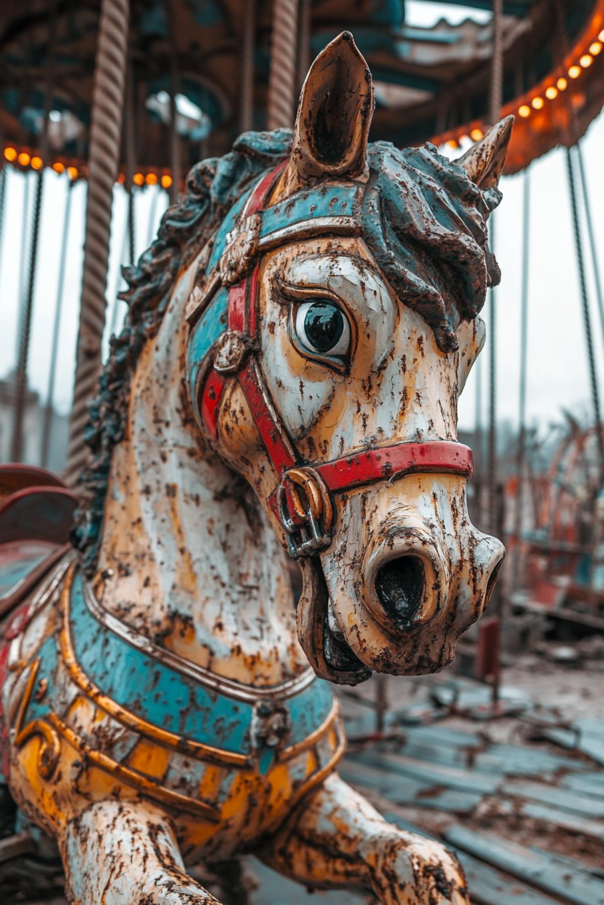 Crying tears horse made of coloured paperweight on the broken merry-go-round in post apocalyptic Disneyland close-up portrait on the background of destroyed city