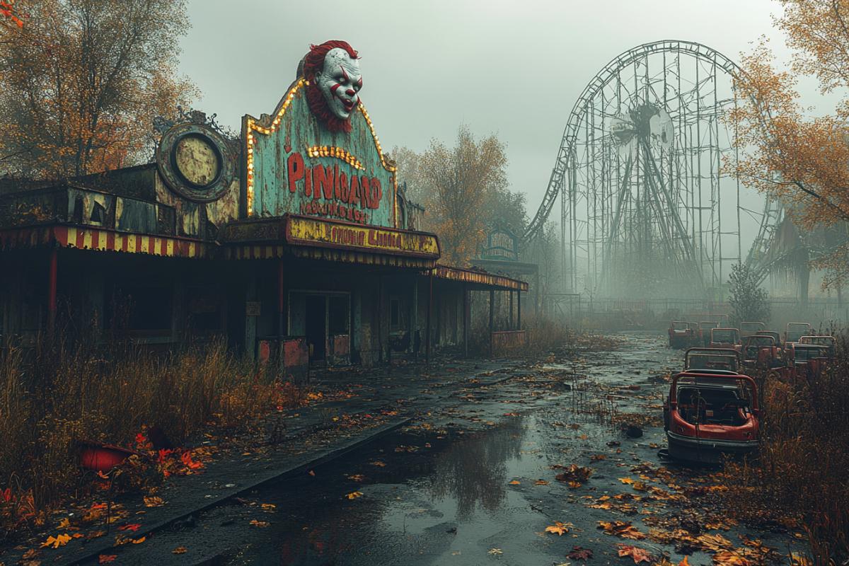 Creepy abandoned amusement park, enveloped in fog and shadows, derelict rollercoaster collapsing into itself, eerie funhouse with shattered mirrors and faded paint, old bumper cars covered in rust and grime, thick cobwebs stretching across broken windows, puddles of stagnant water reflecting the remains of torn carnival banners, ghostly shadows suggesting past visitors, at the entrance, Pennywise the Clown slinks out of the darkness, holding a red liquid-red balloon, twisted grin on his face, surrounded by falling autumn leaves and debris, highly detailed, ultra-realistic 8K, ominous lighting