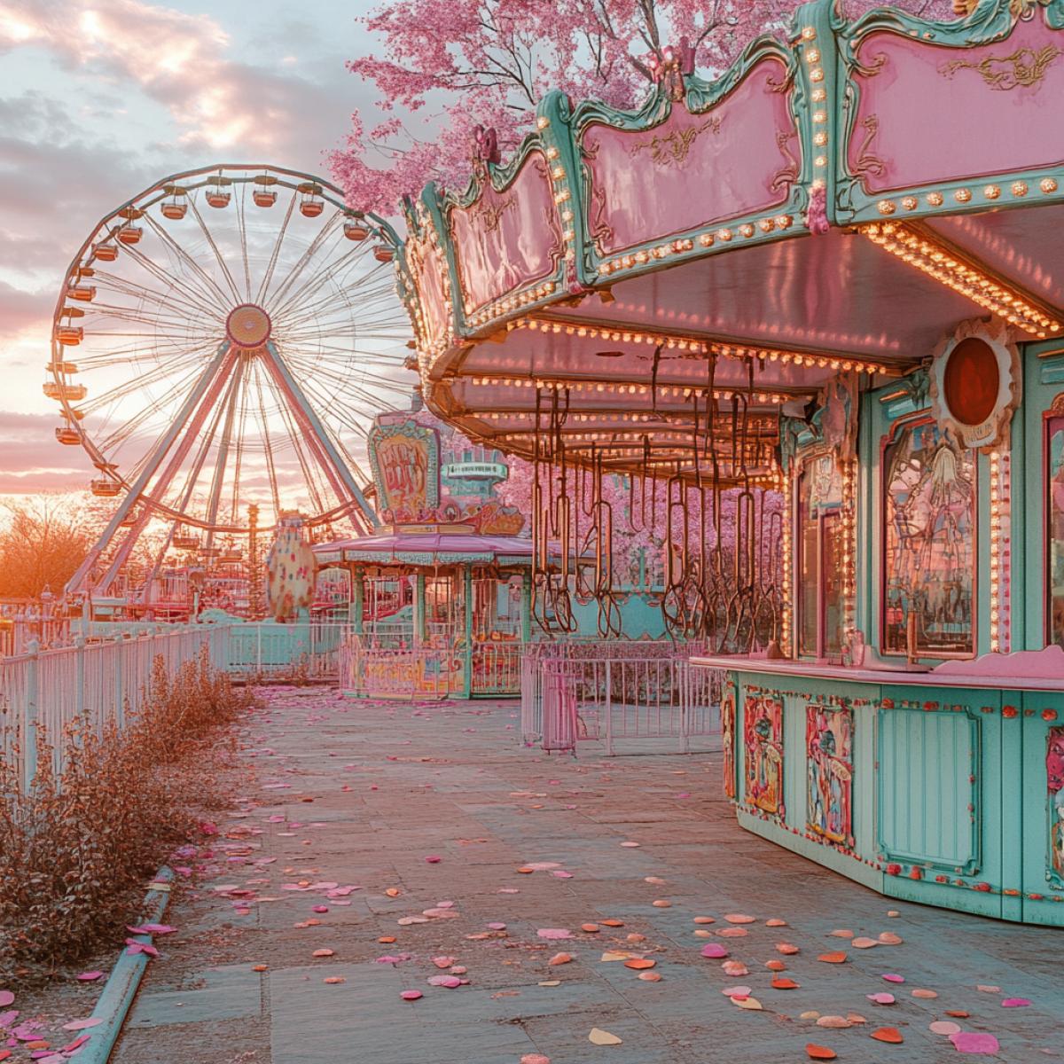 Cheerful abandoned amusement park at sunset, remnants of a carnival with weathered but brightly painted rides, faded pastel-colored ferris wheel with colorful gondolas, an empty cotton candy stand with its cheery pink color still visible, confetti scattered on the cracked pavement, light reflecting in broken mirrors of a funhouse, soft overgrowth with flowers blooming among the ruins, remnants of a cheerful parade with colorful streamers still hanging from the trees, sun setting with a warm golden glow, nostalgic and bright mood, ultra-detailed, 8K, cinematic sunset lighting